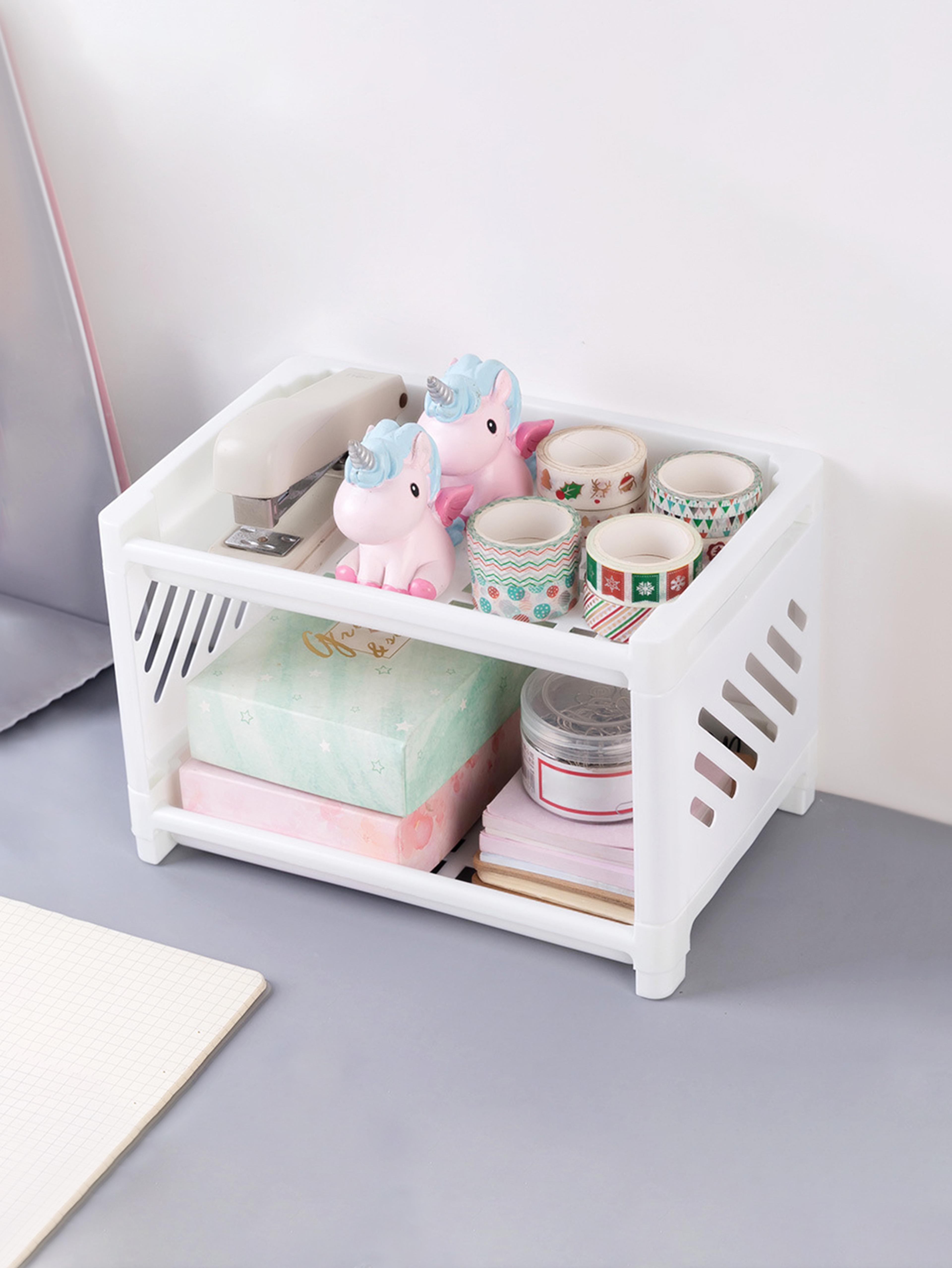 double/triple layered desktop storage shelves for office stationery, cosmetics, and miscellaneous items