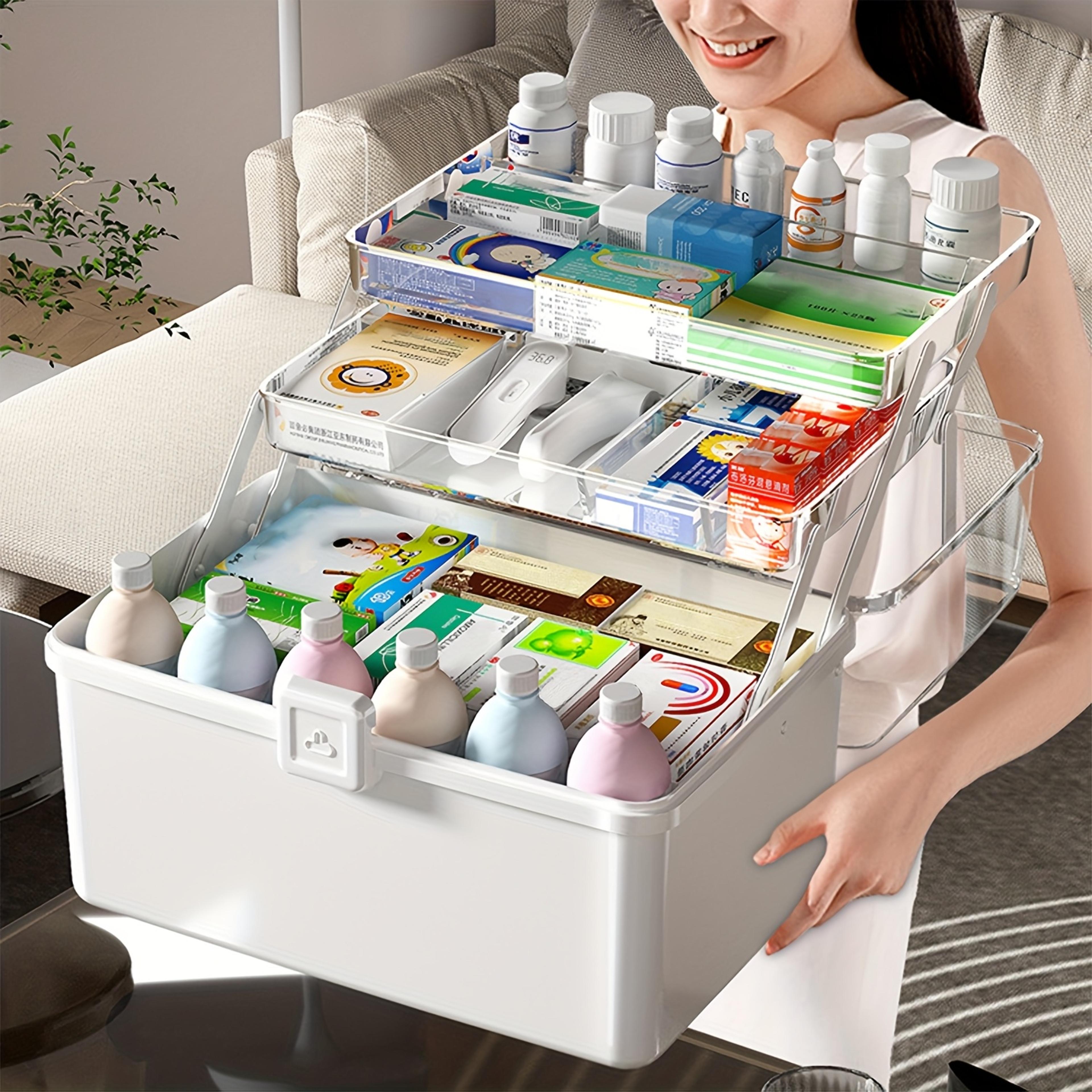 three layer large capacity household medicine box, foldable toolbox multi functional storage box, art handicraft storage