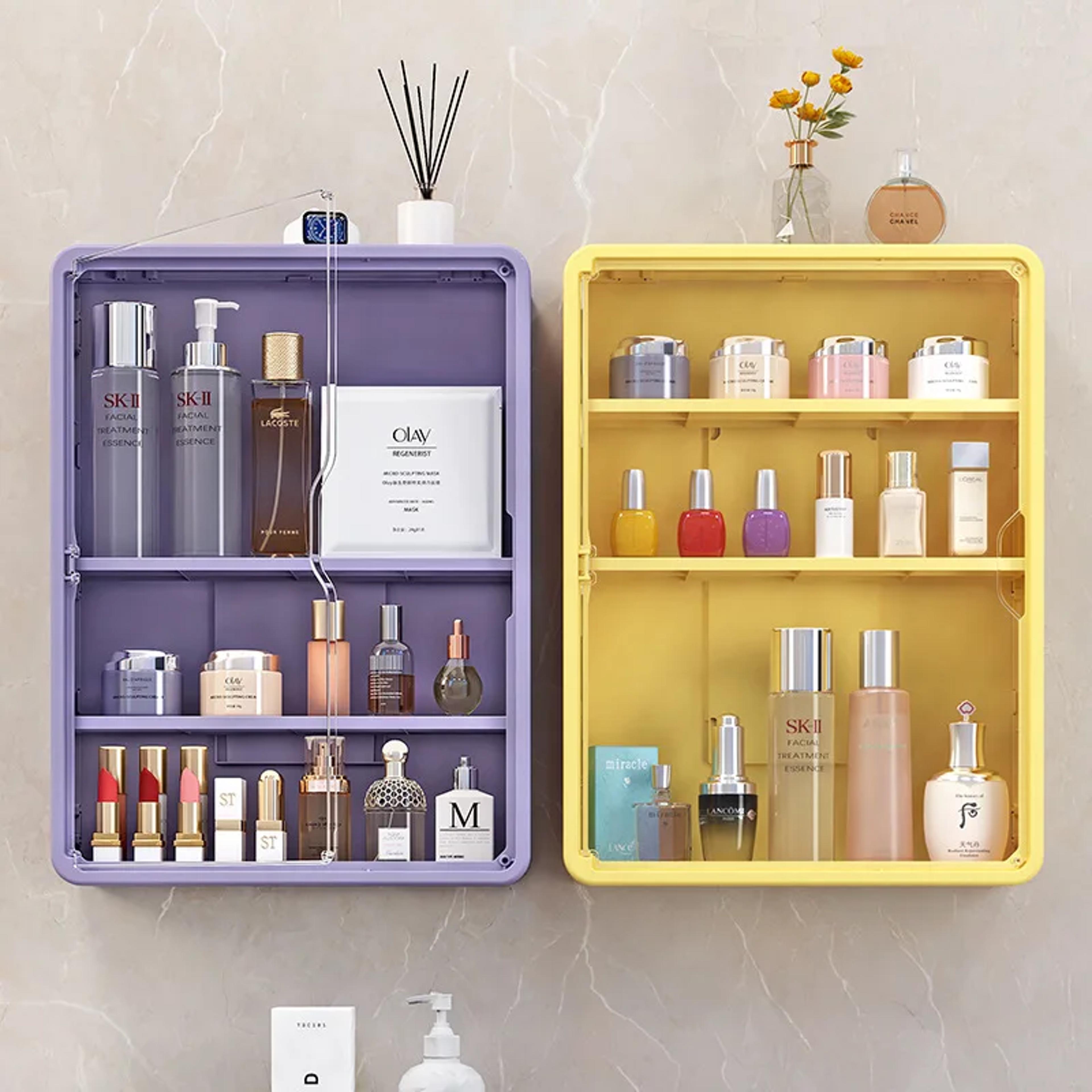 multi-layer bathroom organizer, no drill transparent cosmetic display cabinet with removable shelves