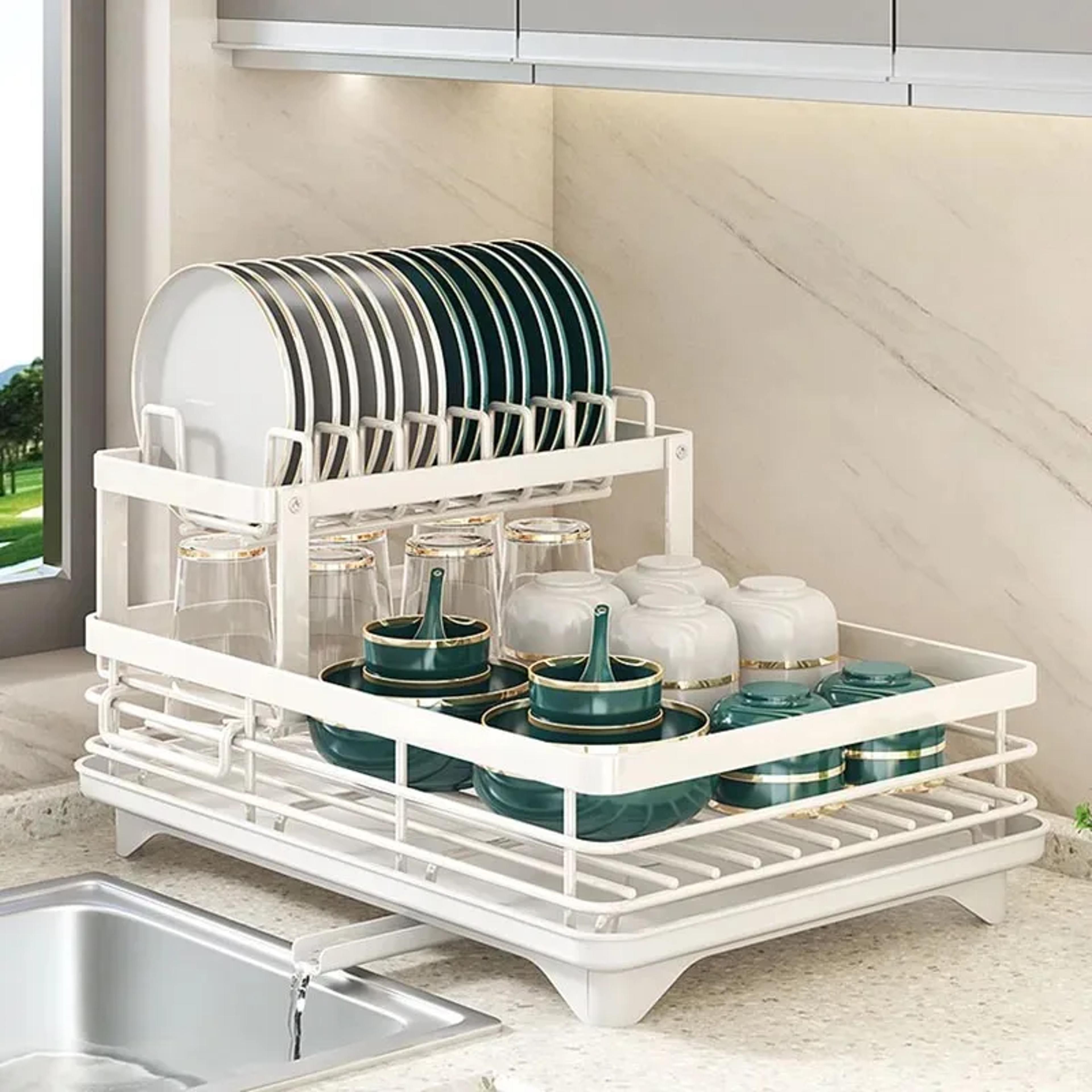 adjustable dish drying rack, drainboard organizer for kitchen plates, cutlery storage, over sink countertop dry rack