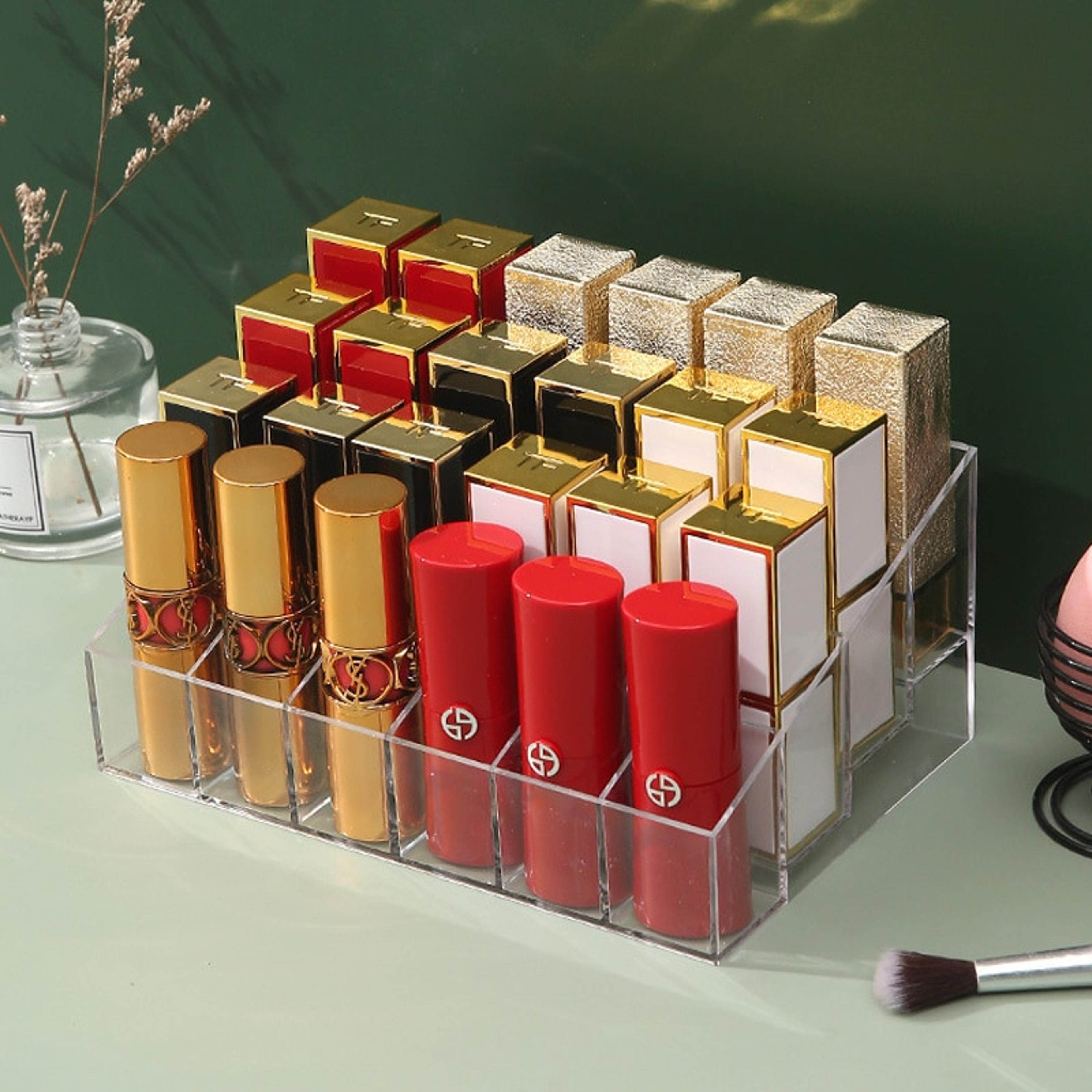 grid acrylic cosmetics storage box, lipstick holder and display rack to store and sort lipstick nail polish and jewelry