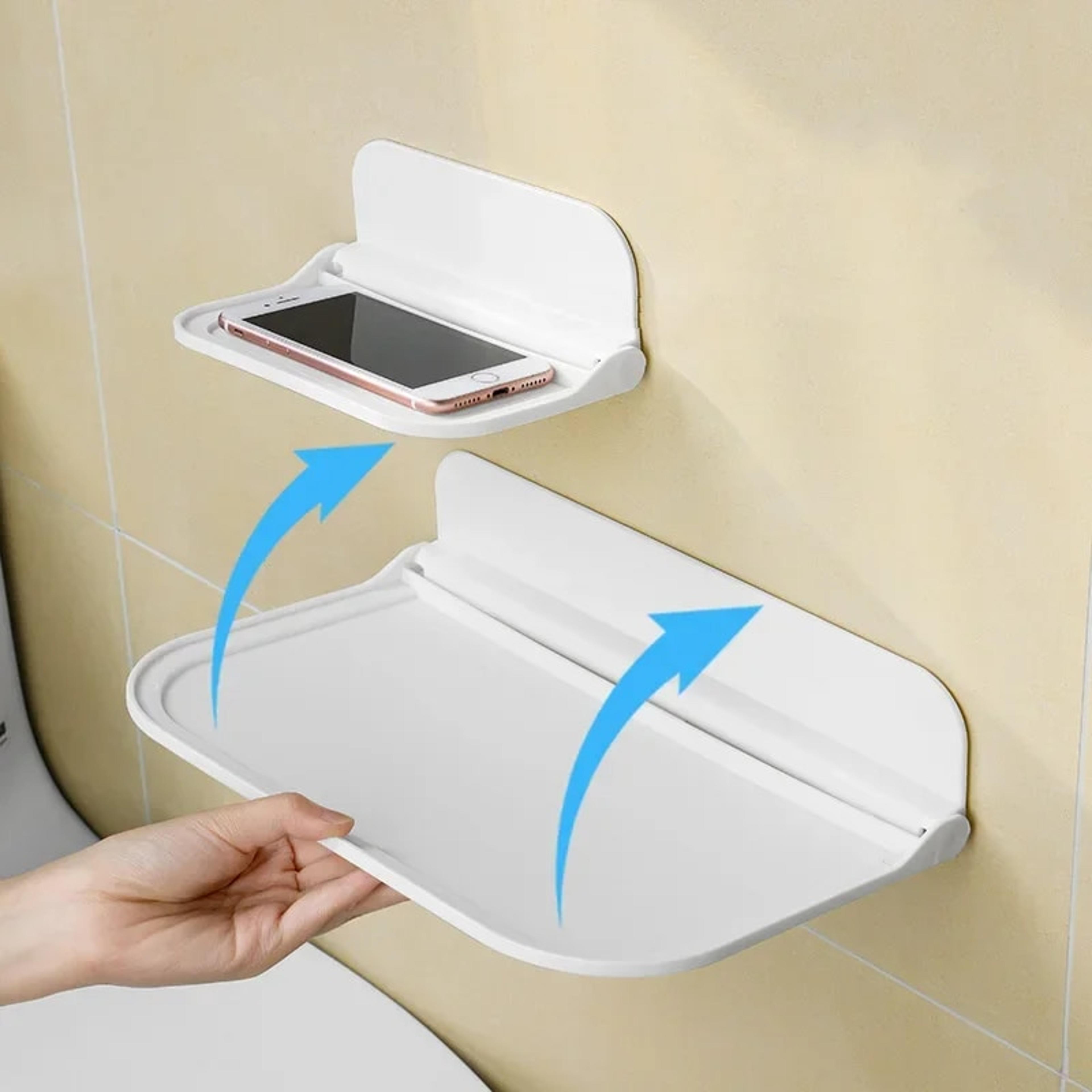 folding wall mounted shelf, space saving storage rack, punch-free phone holder, wifi router tray, bathroom organizer