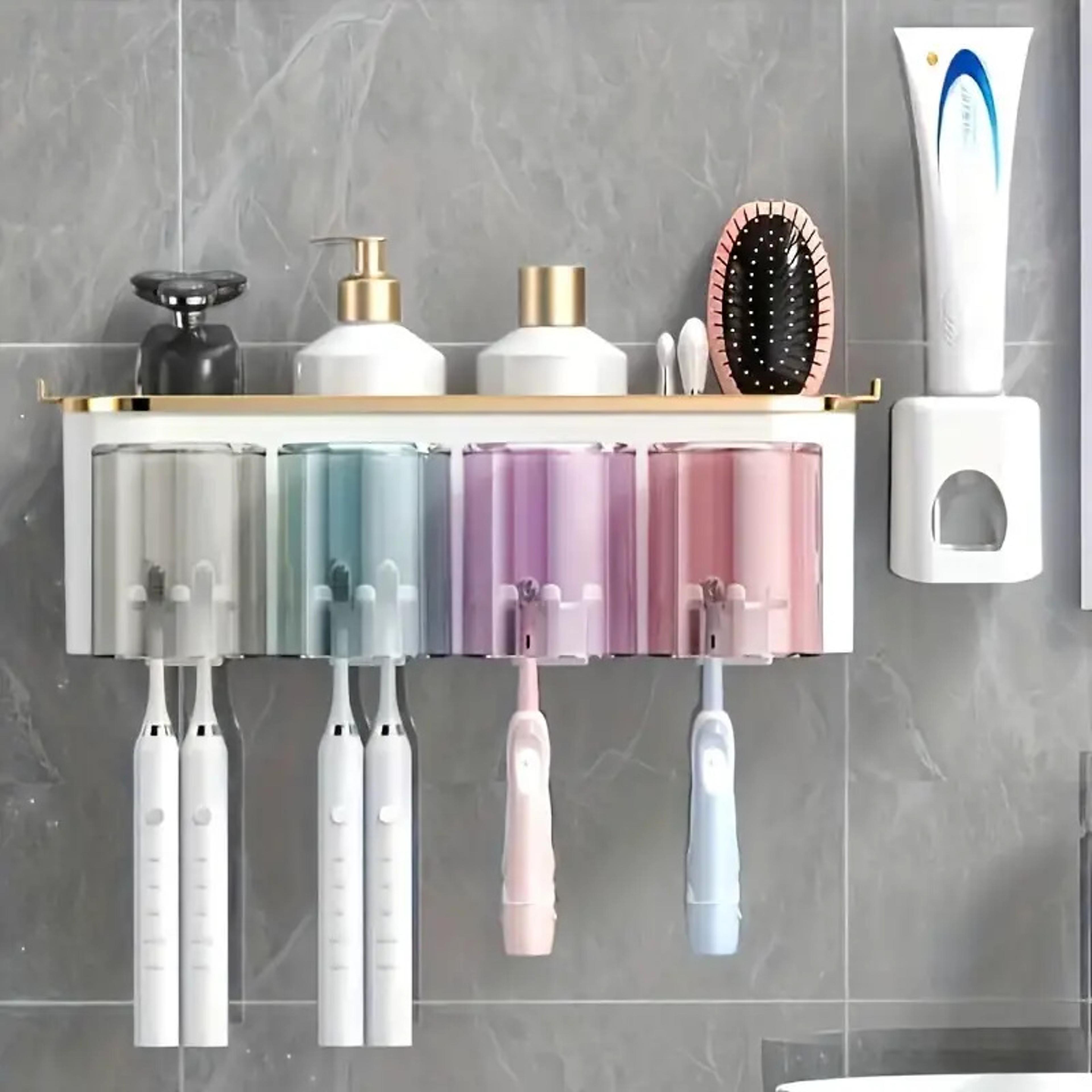 multifunctional toothbrush rack and mug holder, wall mounted toothpaste storage with toothpaste squeezer