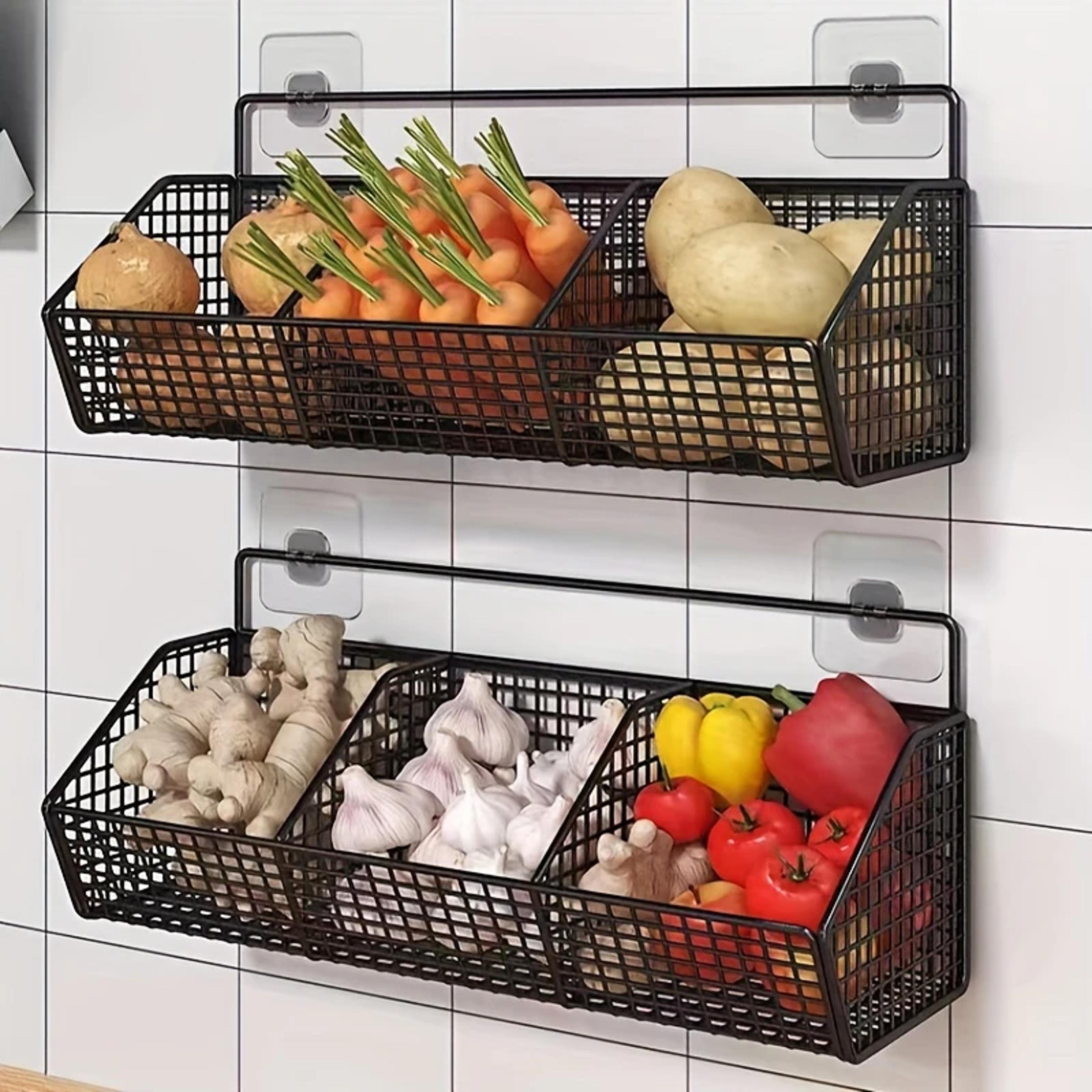 wall mounted kitchen storage basket, durable wire rack for vegetables and fruits, home organization solution