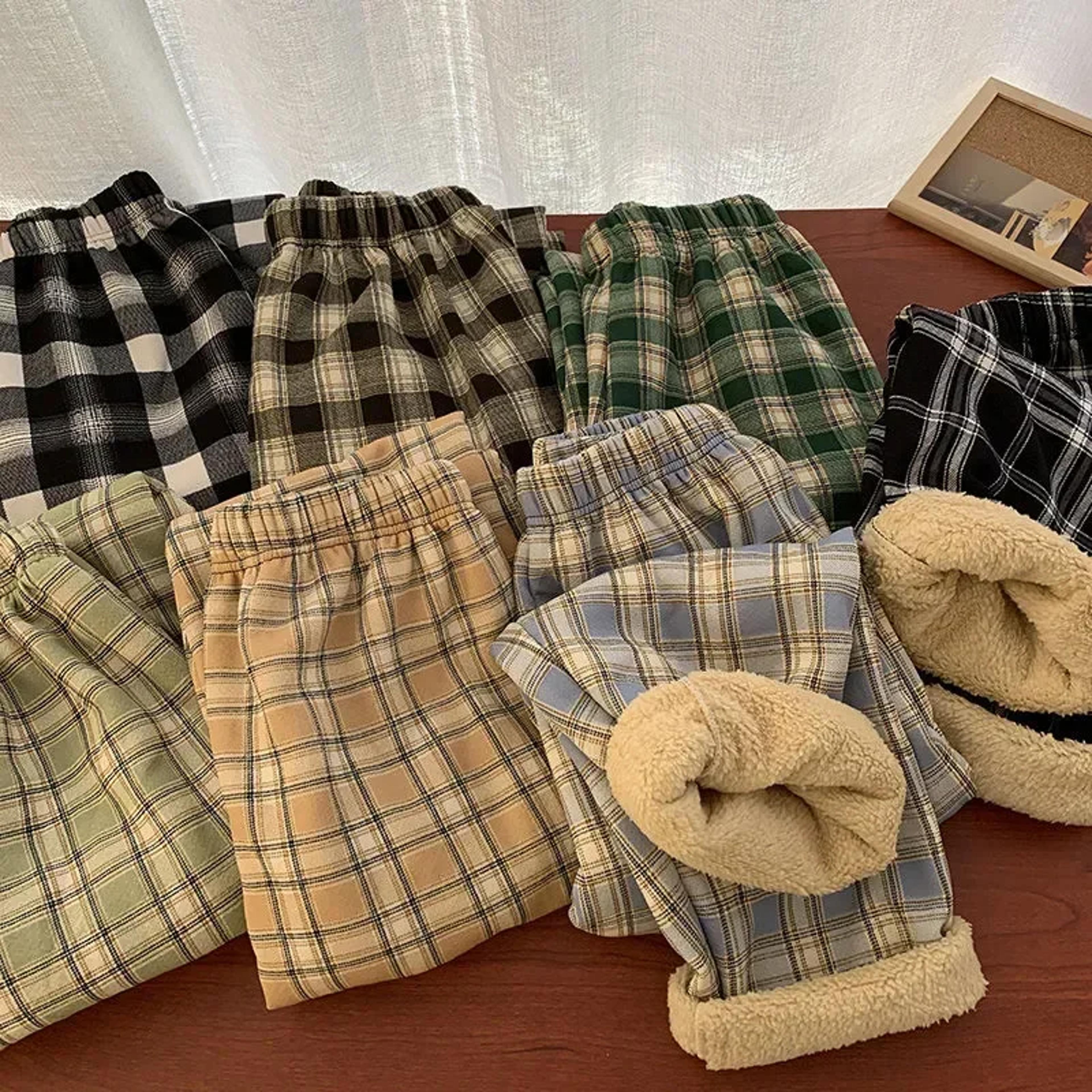 fashion warm plush pants, cashmere thick plaid, ladies winter casual loose wide-legged pants for streetwear
