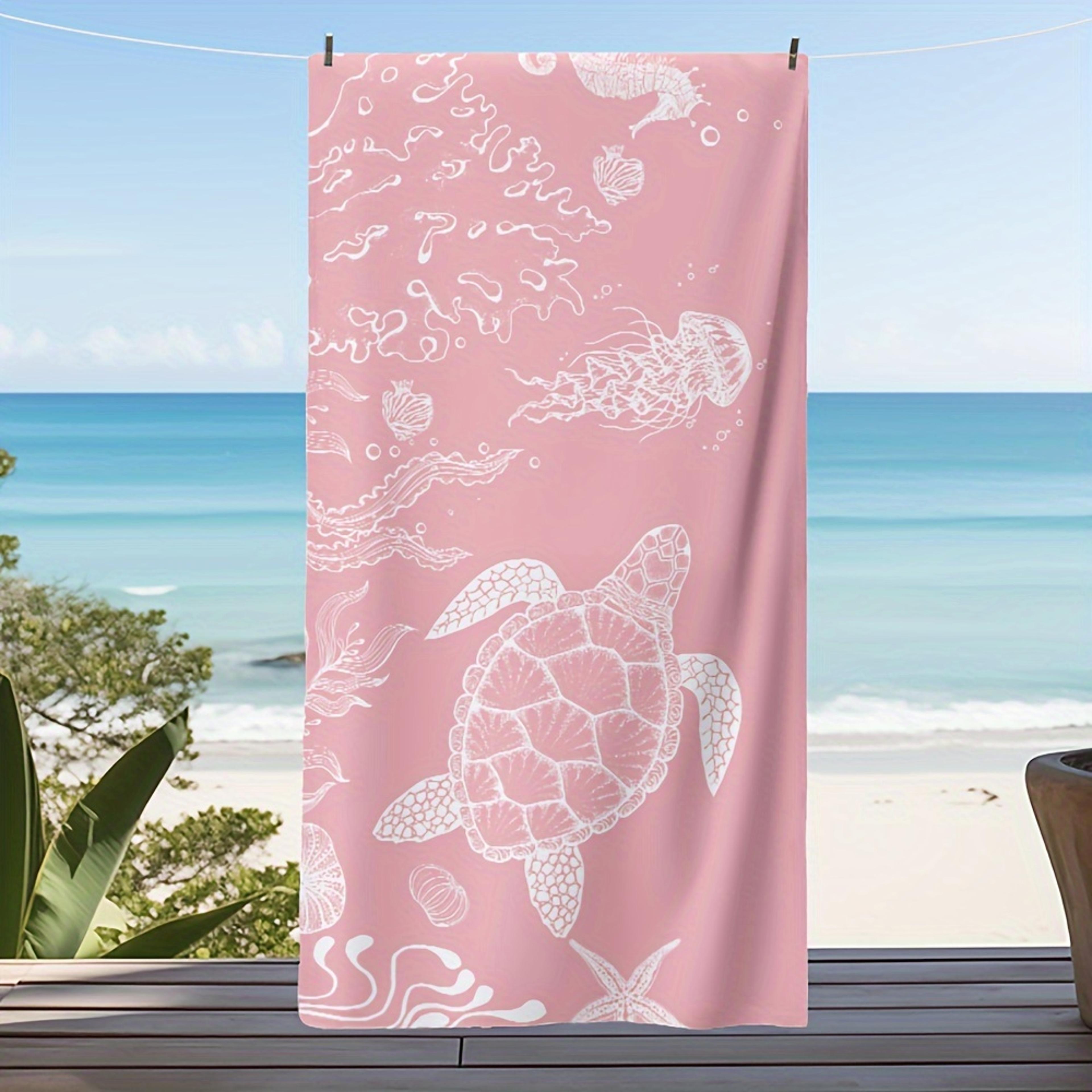 pink cartoon turtle and jellyfish beach towel, polyester fabric, rectangular design for summer travel, turtle decoration