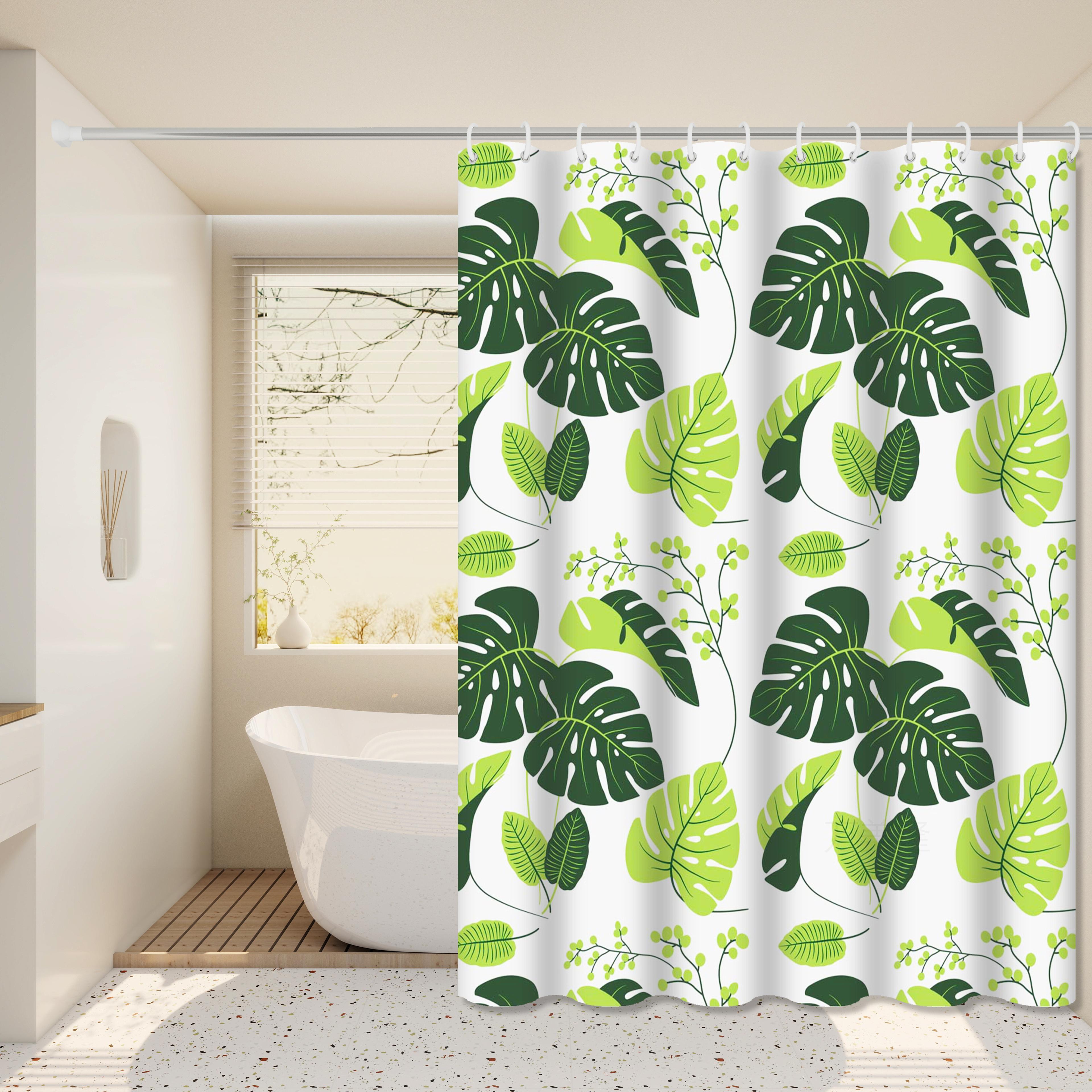 fresh and natural style turtle leaf bathroom curtain, green bathroom space, blocks privacy and aesthetically pleasing