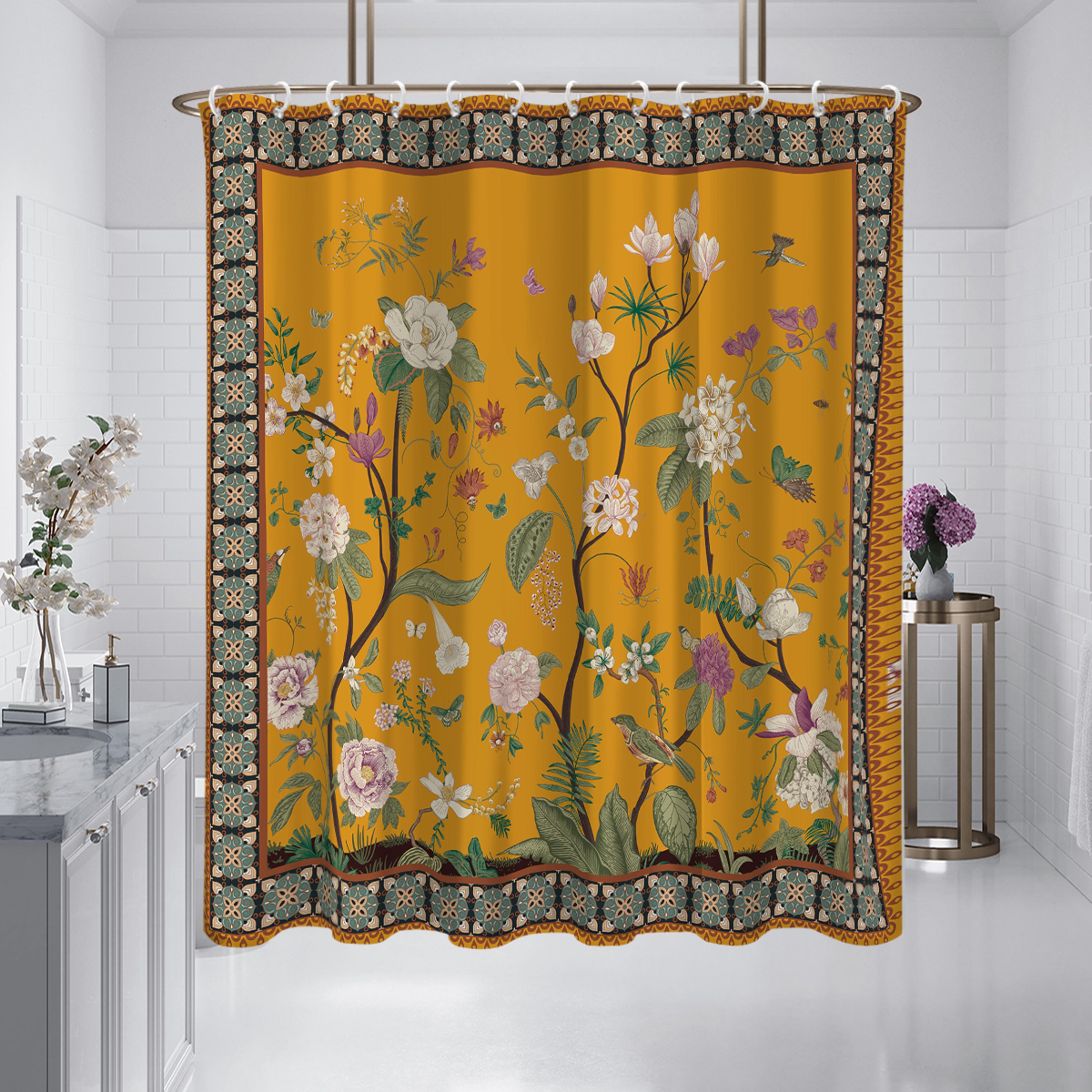 yellow retro floral pattern printed shower curtain partition, bathroom waterproof and mildew proof