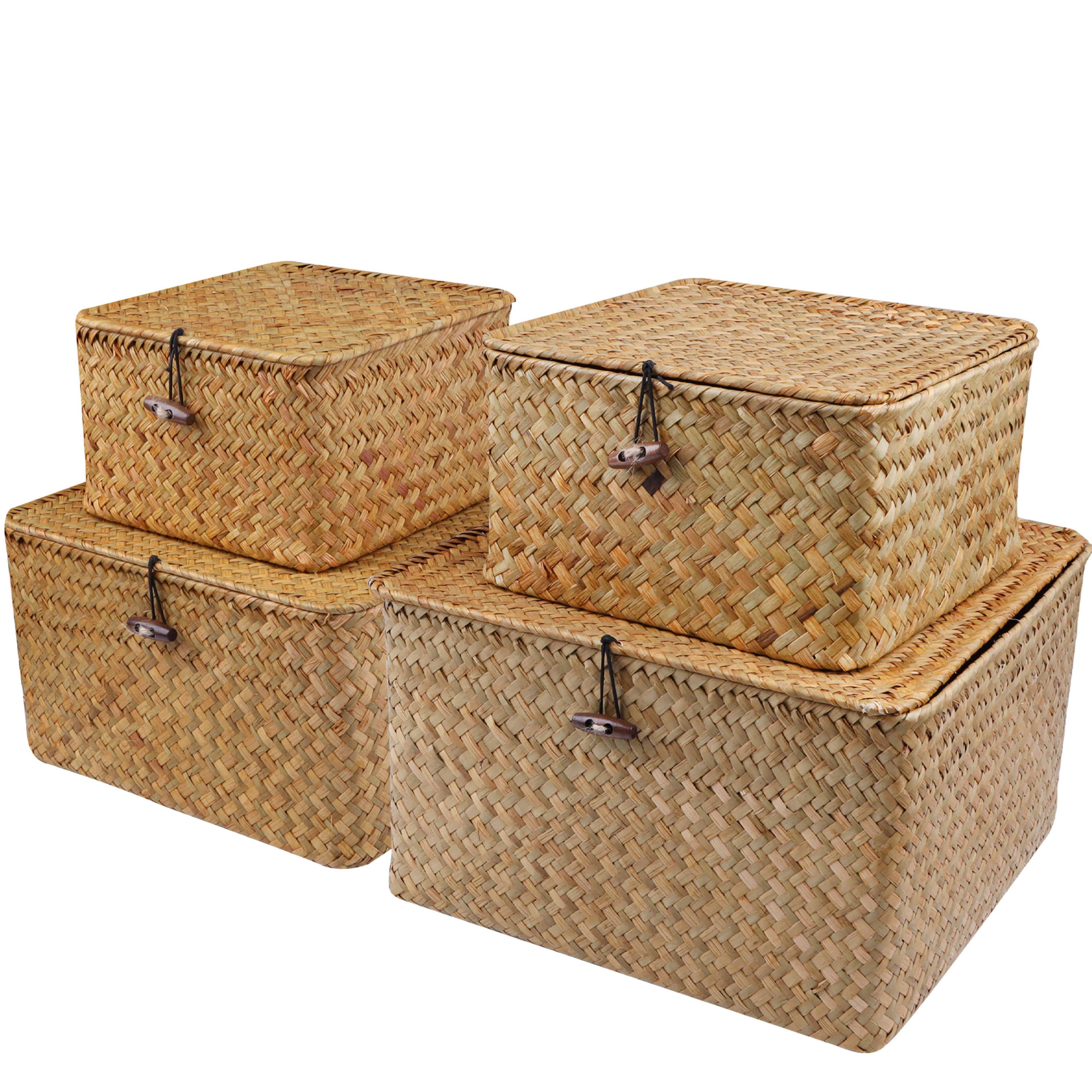set of 4 seagrass baskets with lid, wicker storage organizer for shelf, flat storage bins and decor