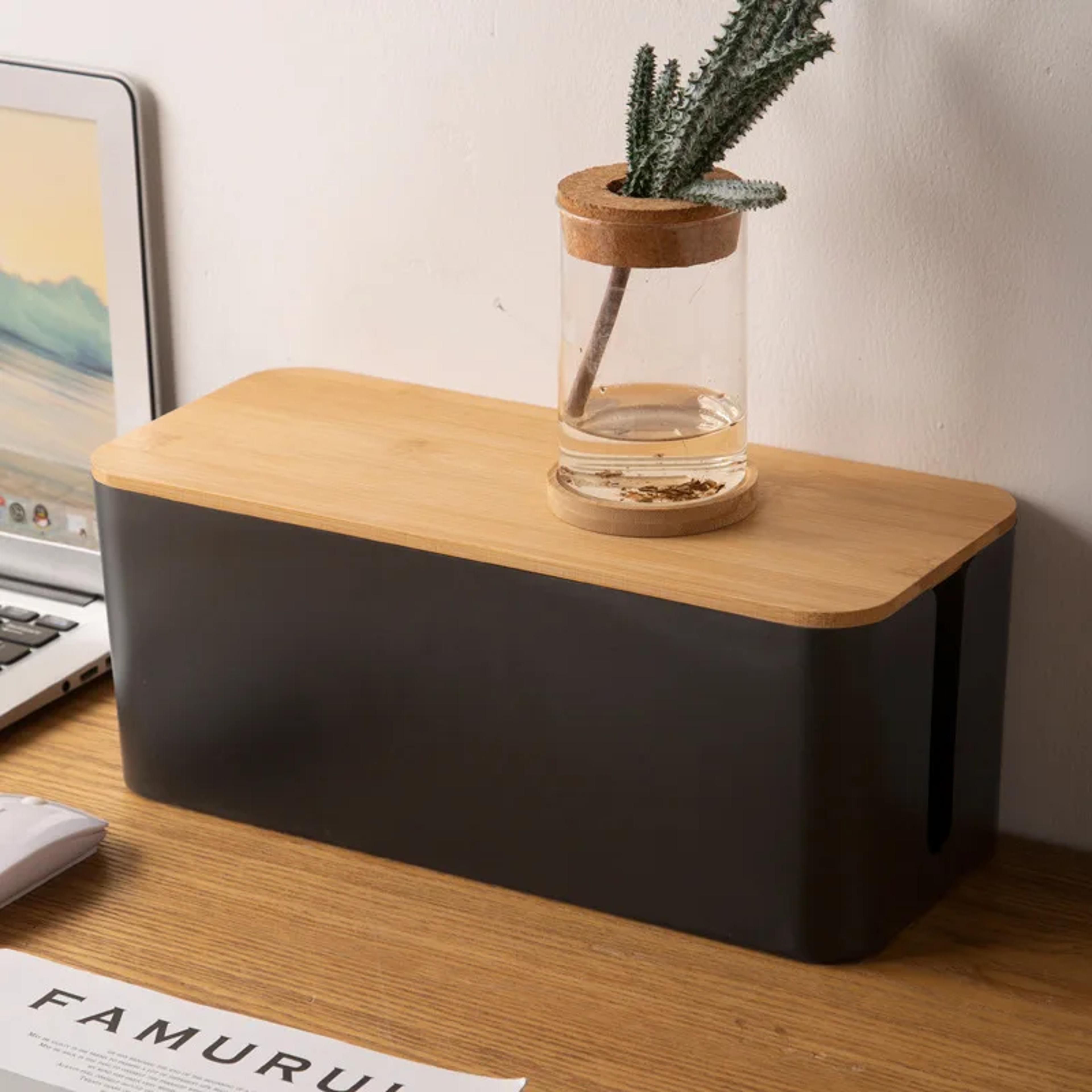 creative bamboo wood cover cable management box, power cord storage, plug board organizer for home, office