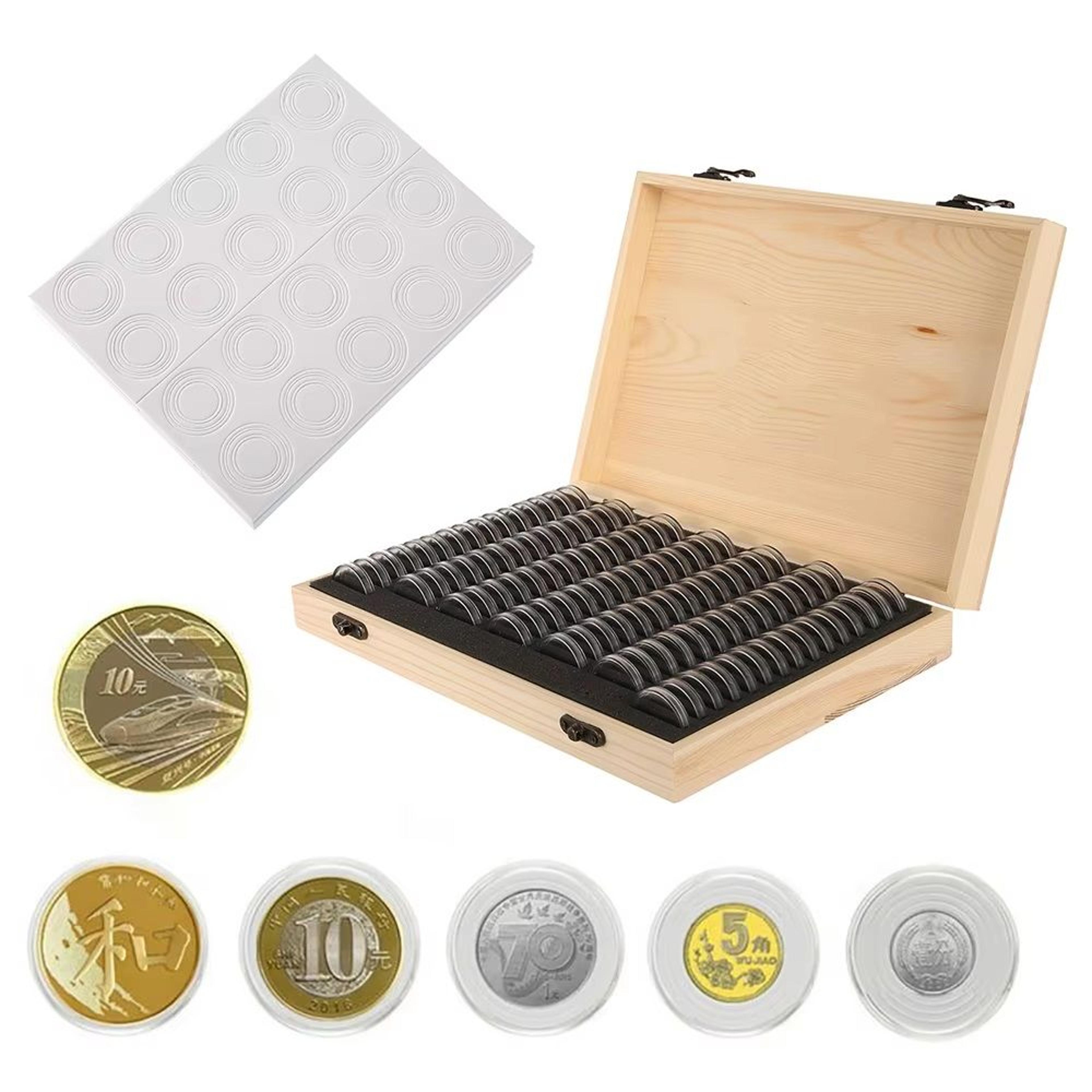 clear coin capsule, universal coin storage box with adjustment pad, adjustable wooden commemorative coin medal container