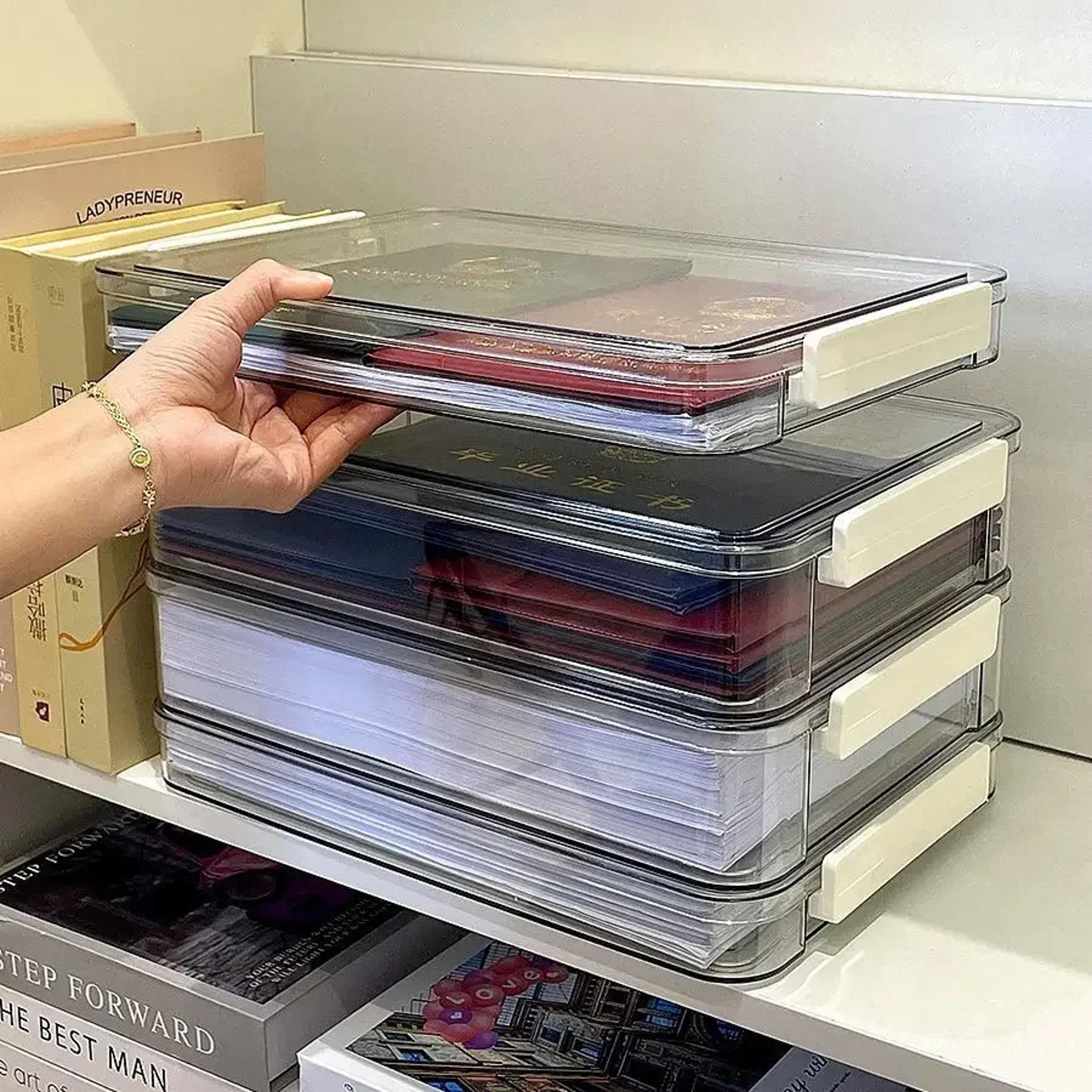 transparent acrylic desktop paper storage box, document organizer, dust proof, household card holder case