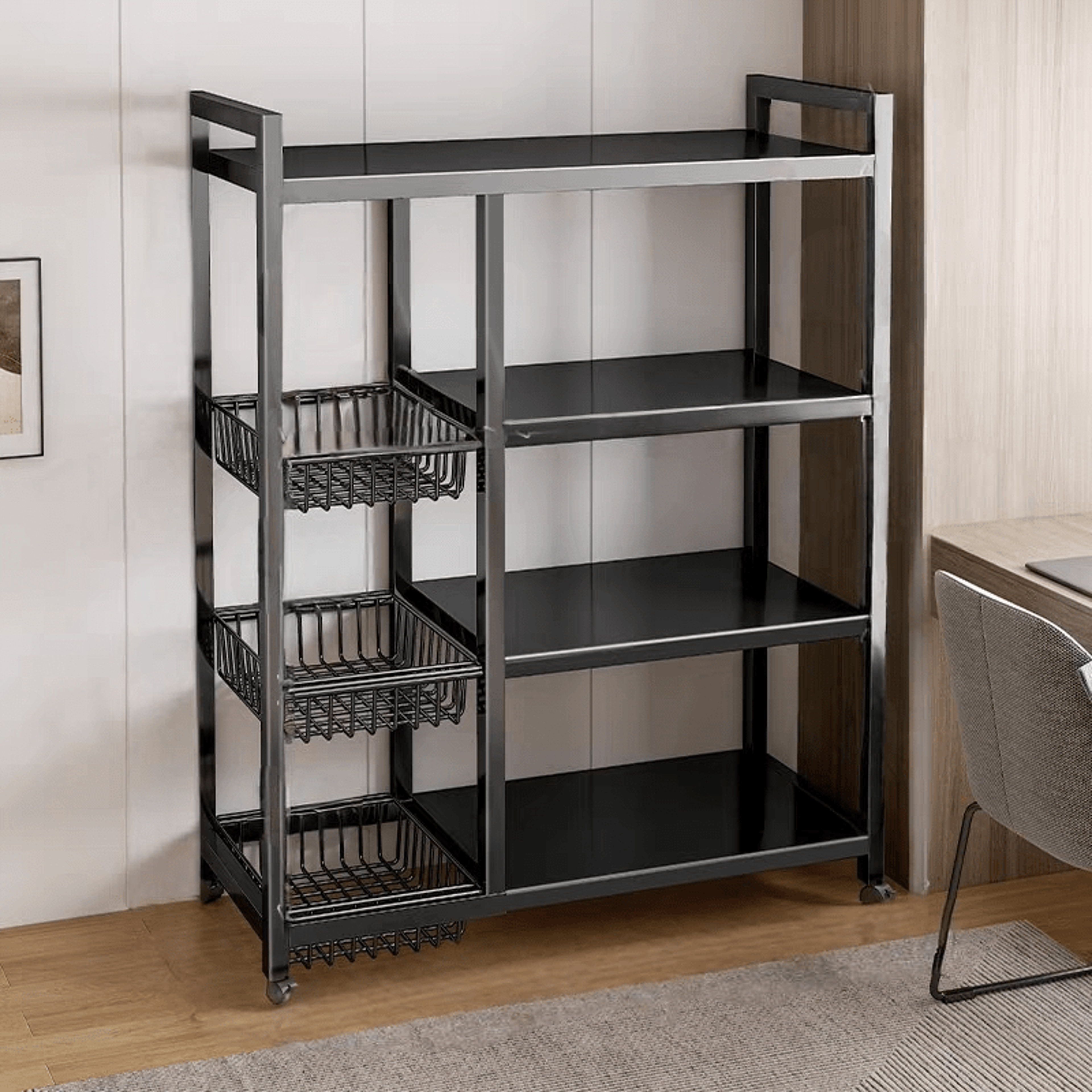 multi purpose rolling storage rack, space saving shelf for kitchen living room office, high strength steel gold frame