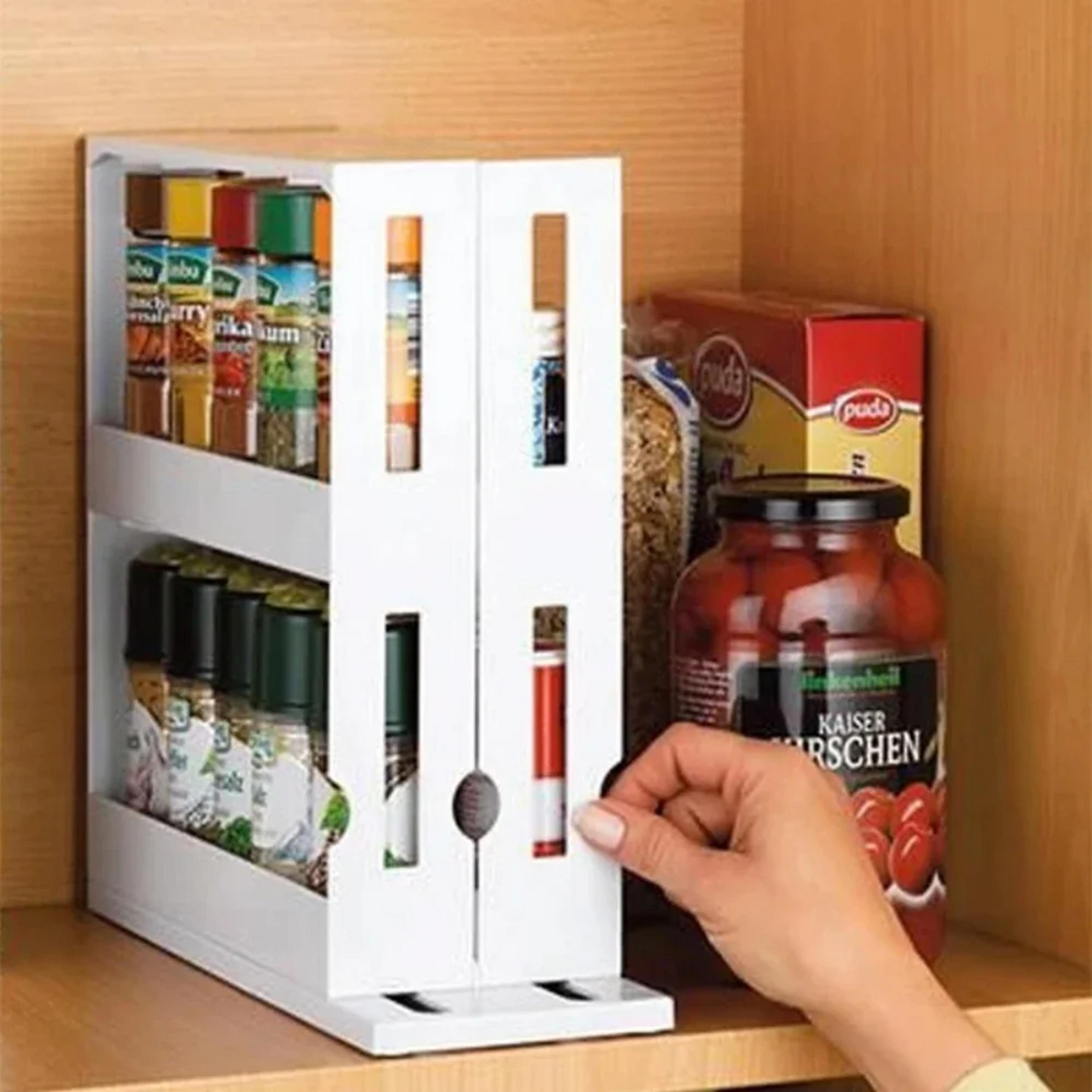 spice organizer rack, 2 tier rotating storage shelf, slide kitchen cabinet cupboard organizer