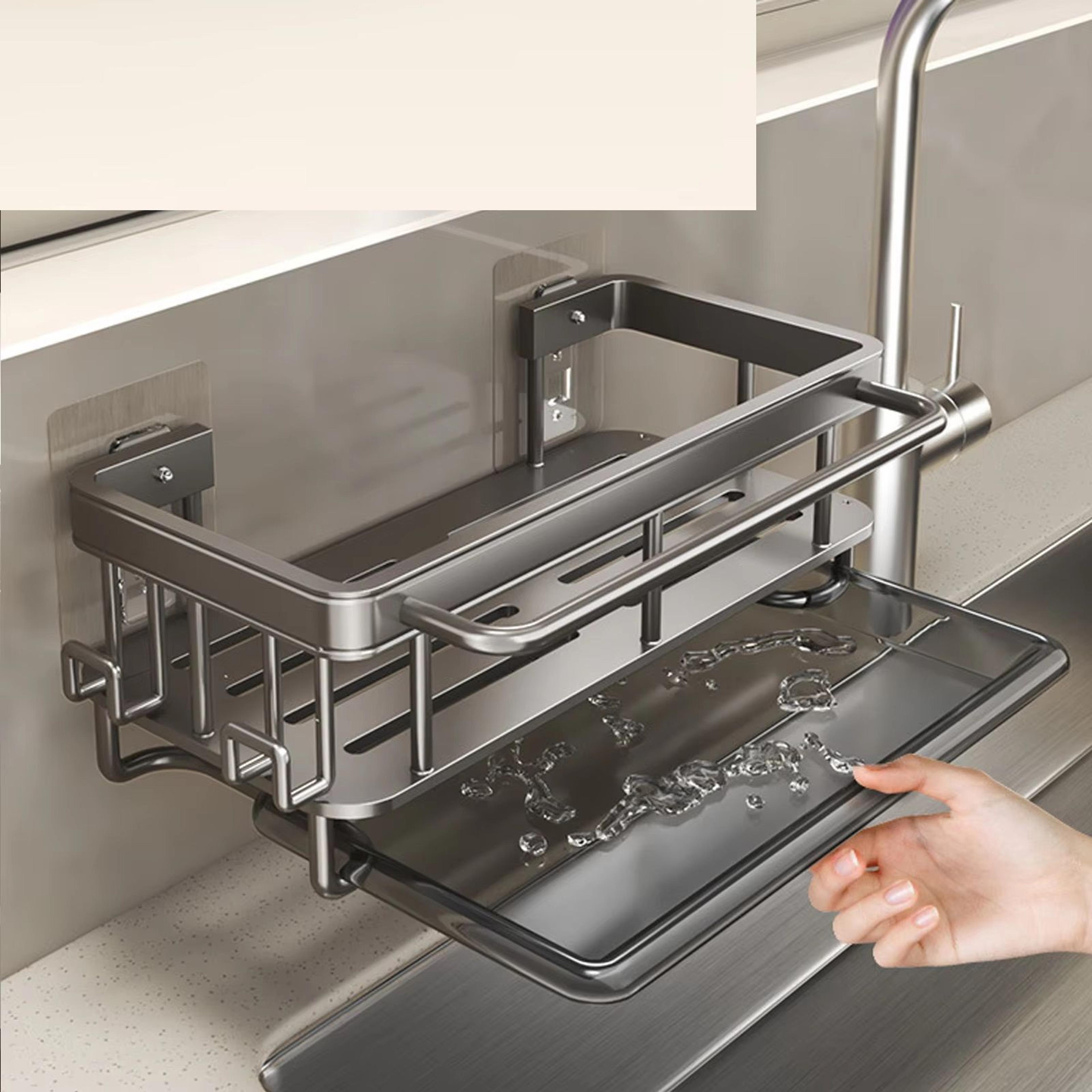 kitchen sink drain rack with tray, aluminum sink shelf, soap sponge holder, dishcloth towel rack, filter basket