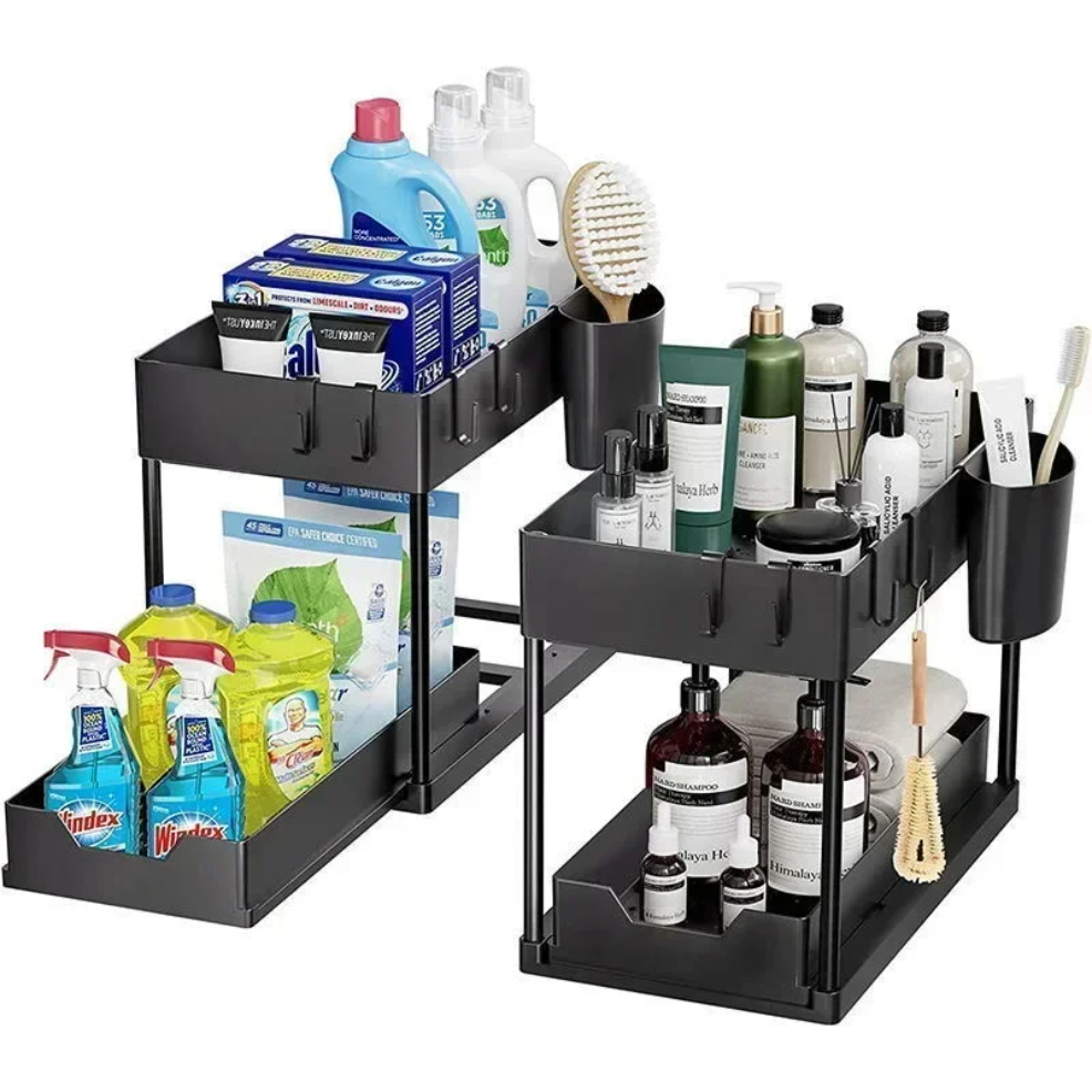 under sink organizer, sliding cabinet basket organizer, storage rack with hooks, hanging cup bathroom kitchen organizer