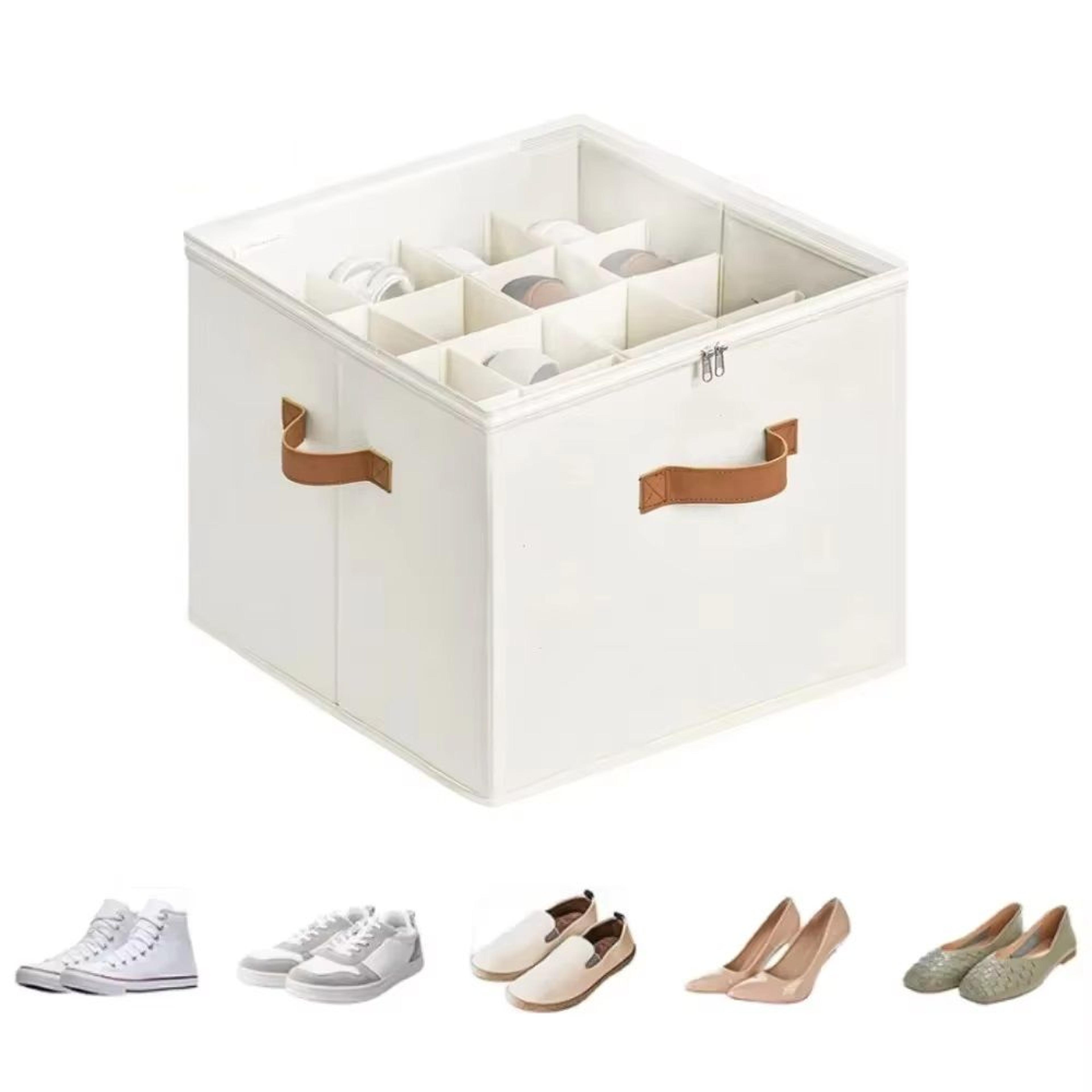 shoe organizer with adjustable dividers, fabric shoe hanger with cover, shoe storage drawer box container, fits all size