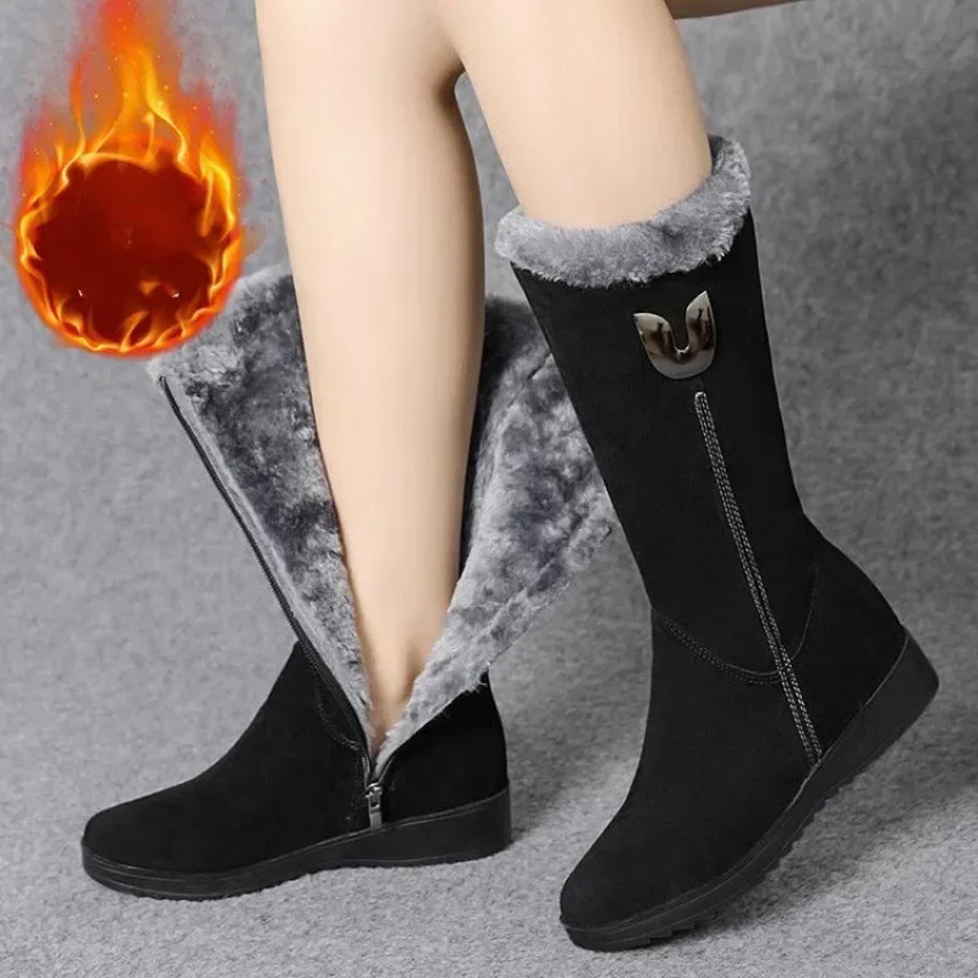 warm chelsea high fur boots for women, winter shoes with chunky mid-calf plush snow flat boots, zip fashion style