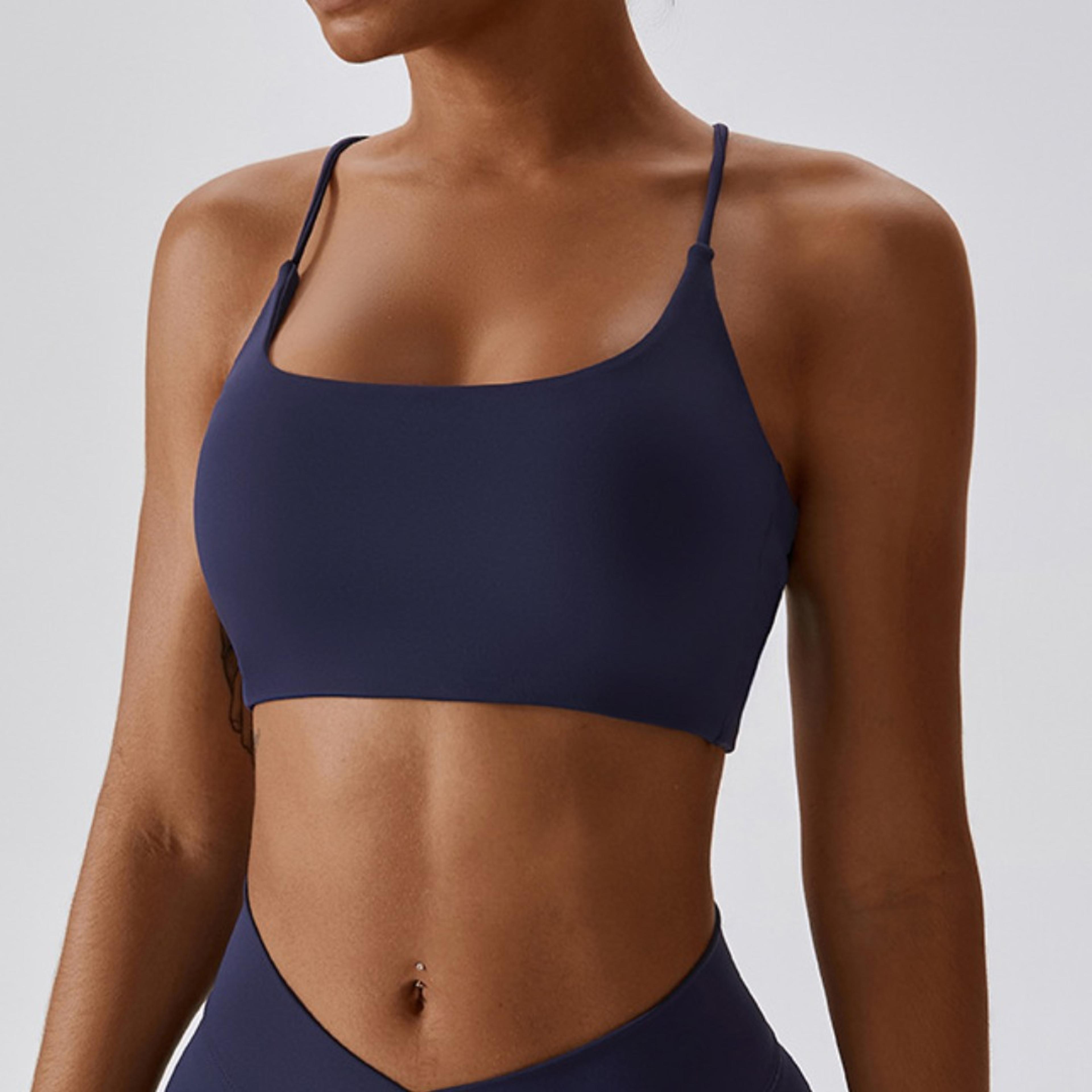 women fitness sport bra top, gym yoga underwear, athletic with chest pad, u-neck spaghetti straps, cross beauty back
