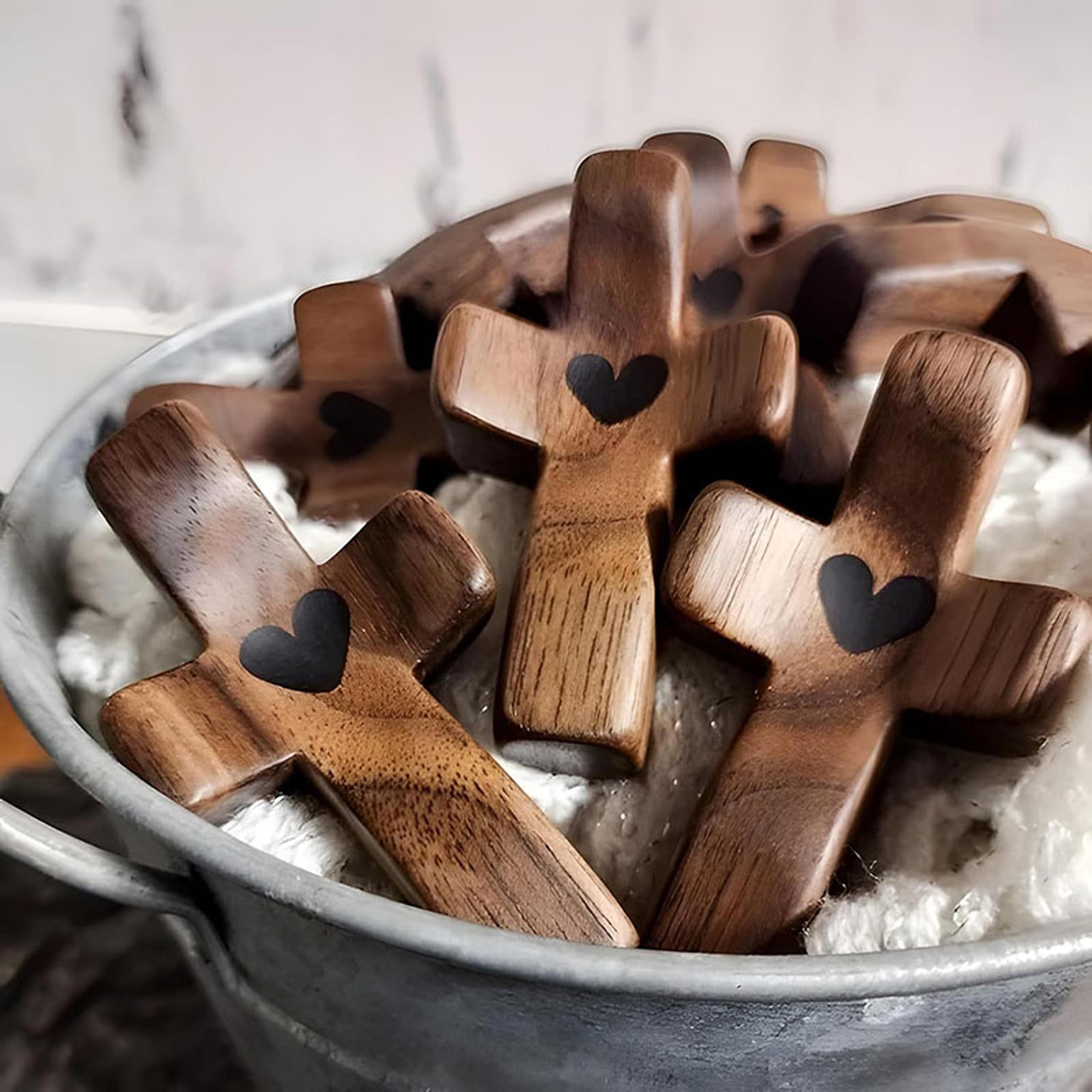 cross my heart encouragement gift, handheld wooden cross with epoxy heart, emotional support pocket cross