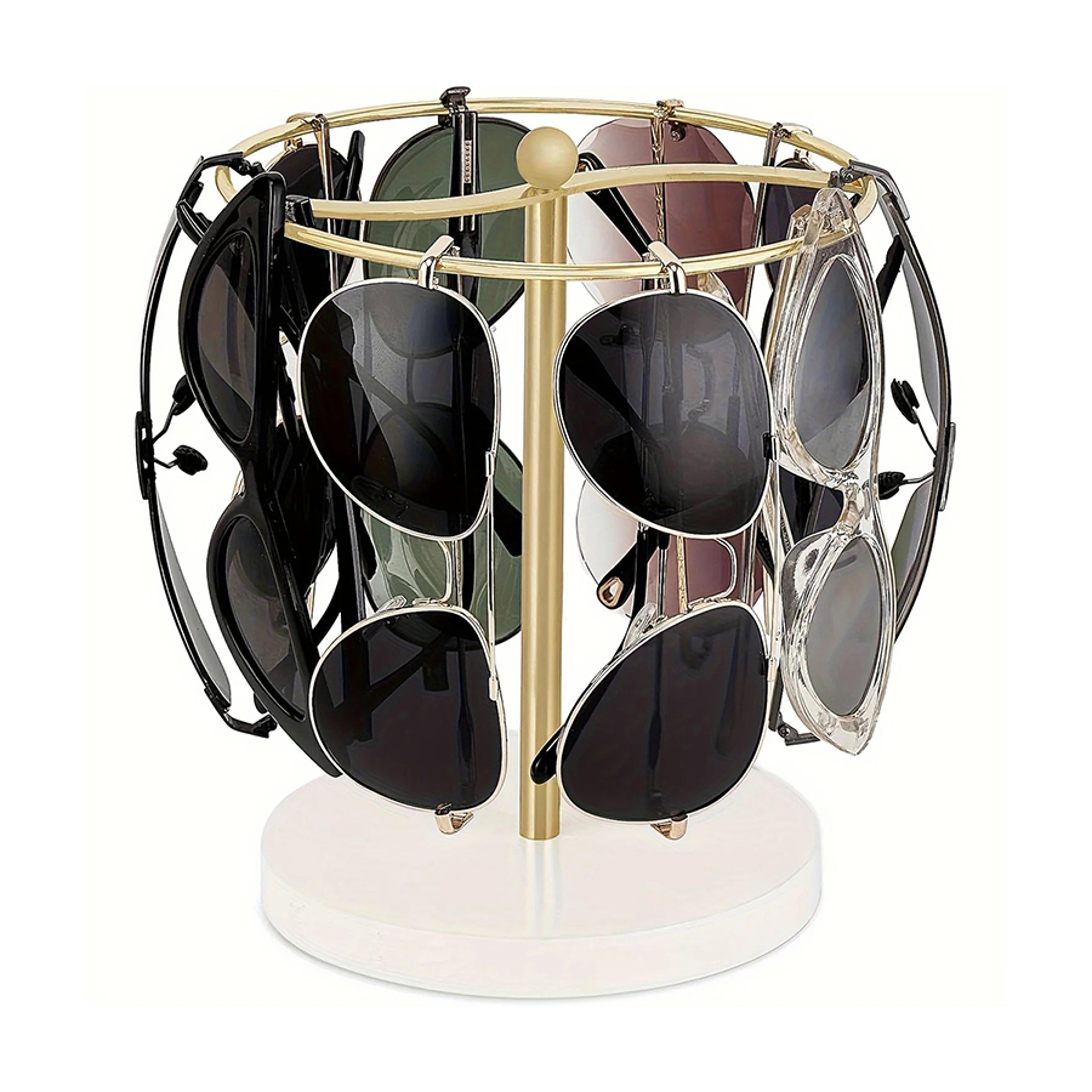 elegant sunglasses storage stand with wooden bottom, metal glasse stand, holds pairs of glasses, stylish glasses display