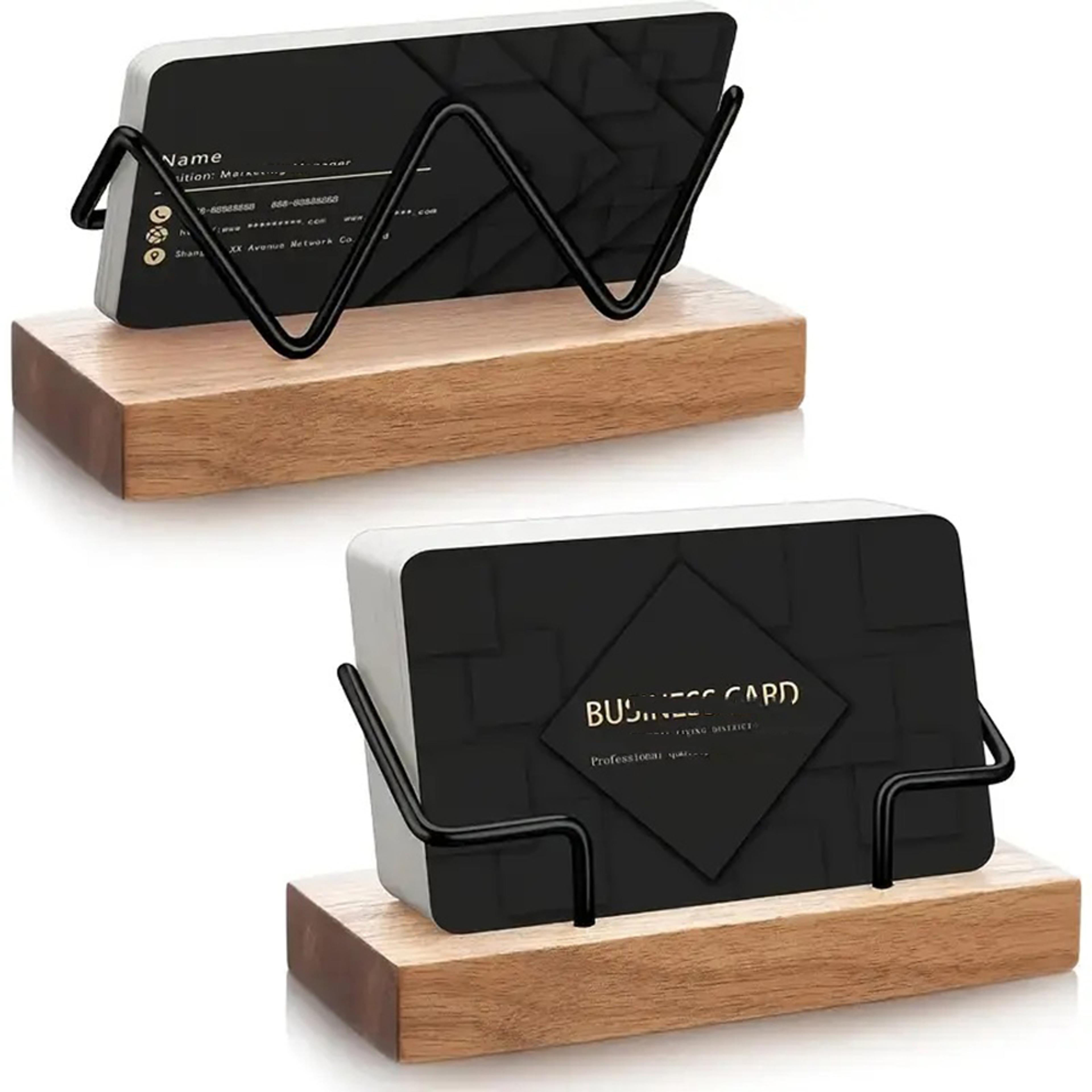 premium business card holder, desk organizer for multiple cards, durable construction, recycled wood metal desktop
