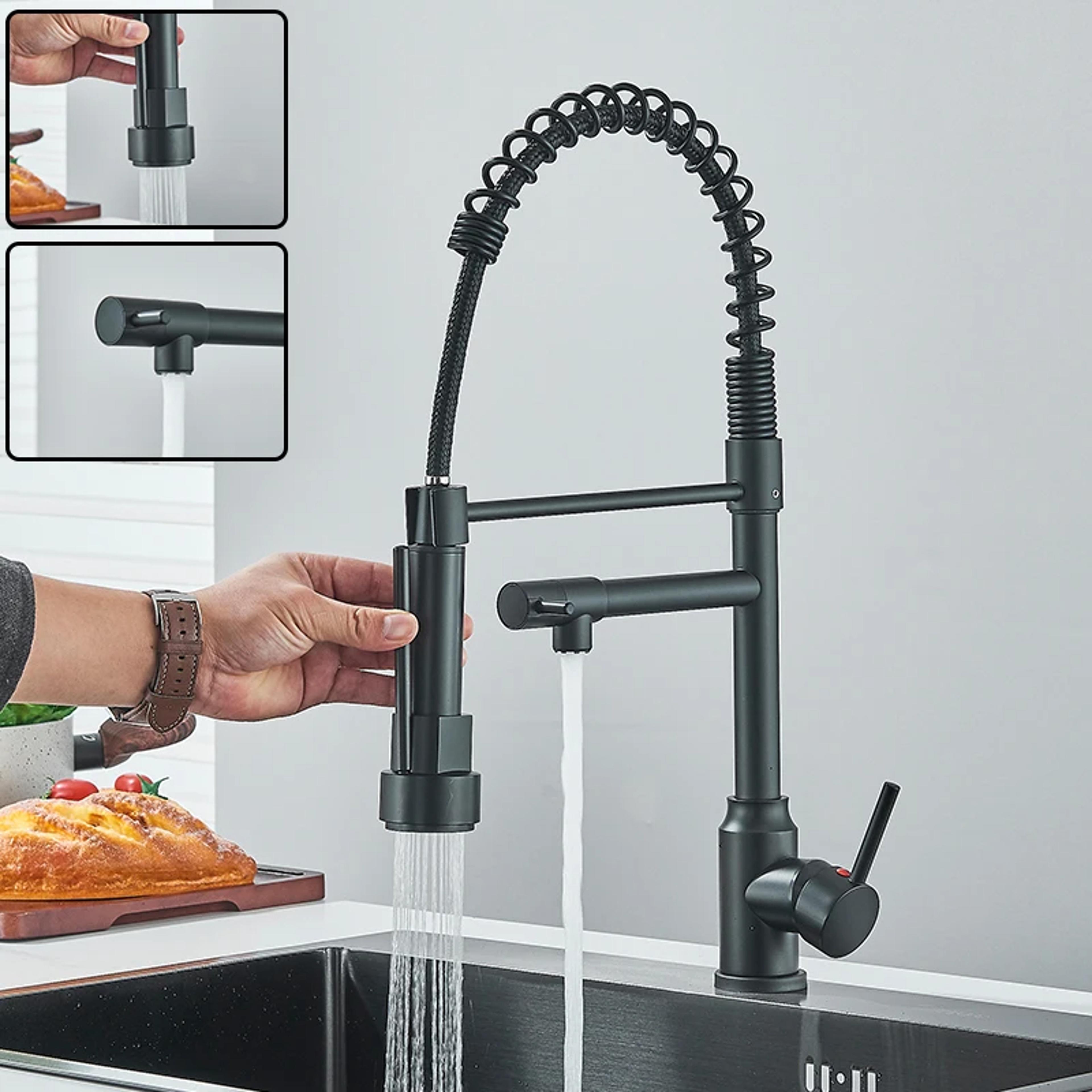 black kitchen sink faucet pull down, hot and cold water mixer, 2 mode tap with dual spout, rotation flexible deck