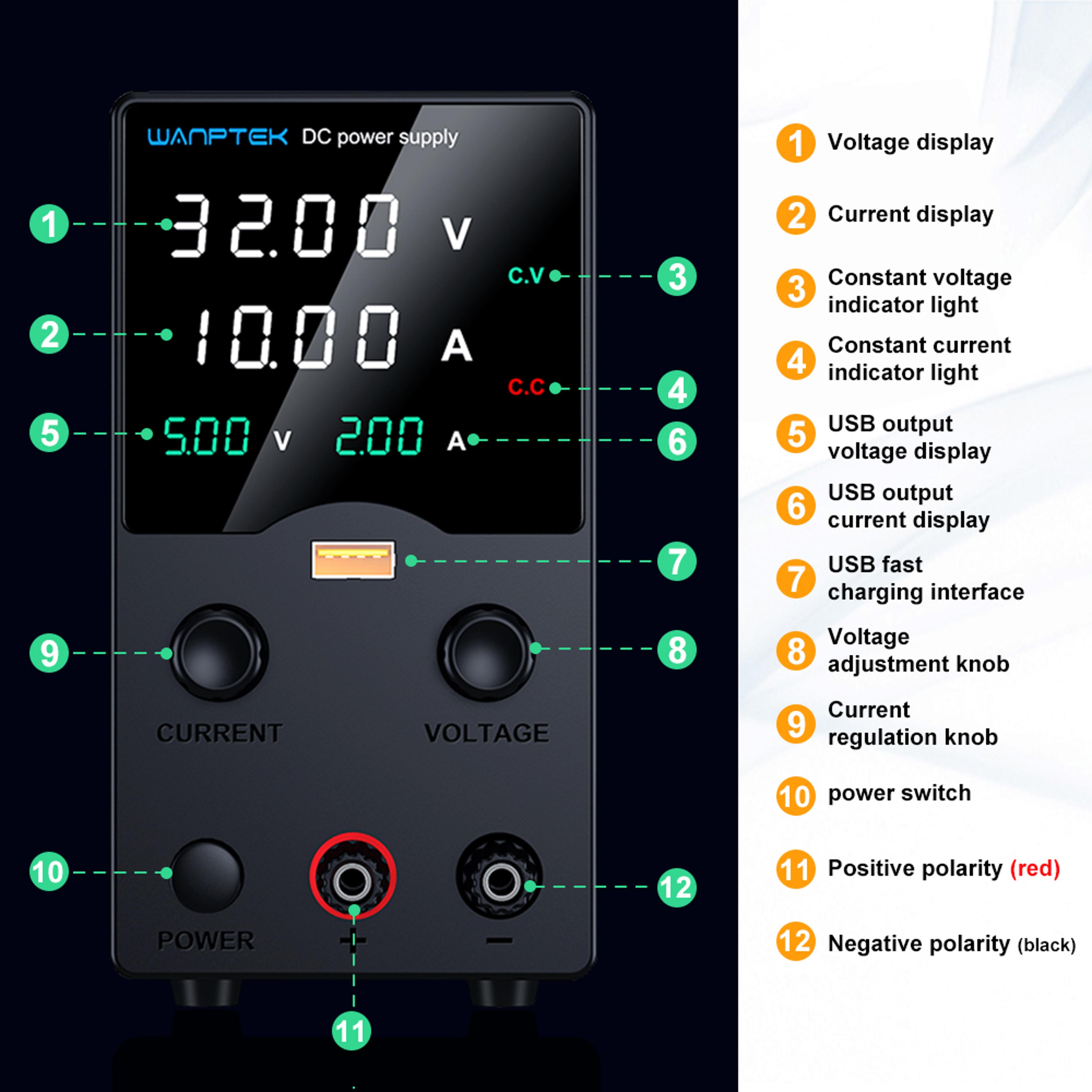 laboratory power supply, adjustable dc power supply, with usb fast charging regulator