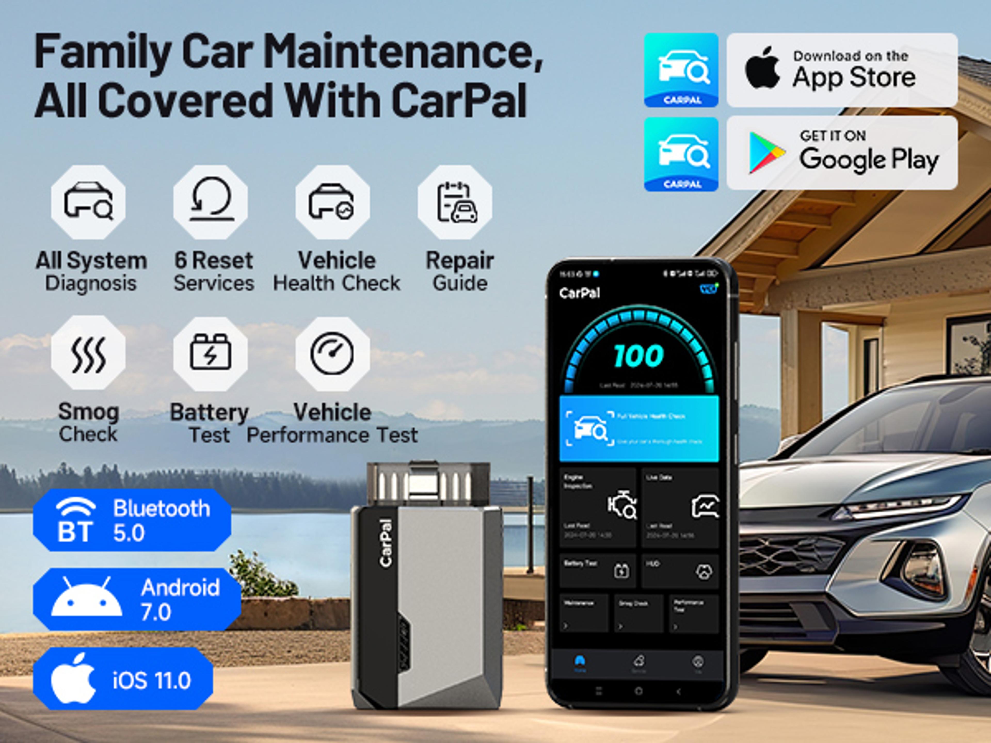 carpal obd scanner for car, all system diagnostic tool, vehicle health check, smog check, battery test, ios, android