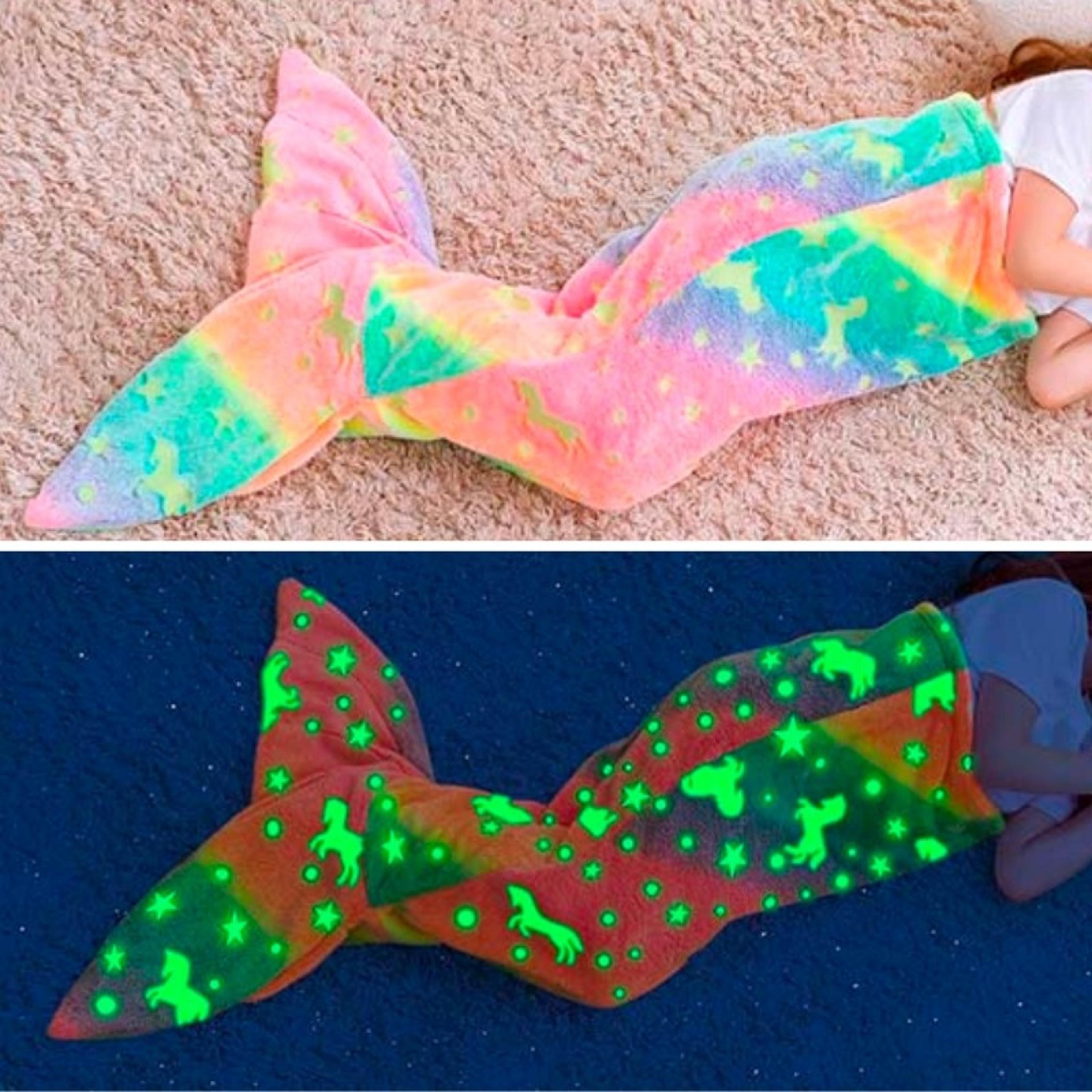 new night glow mermaid tail blanket, soft flannel fleece wearable companion, cute kids blankets all seasons