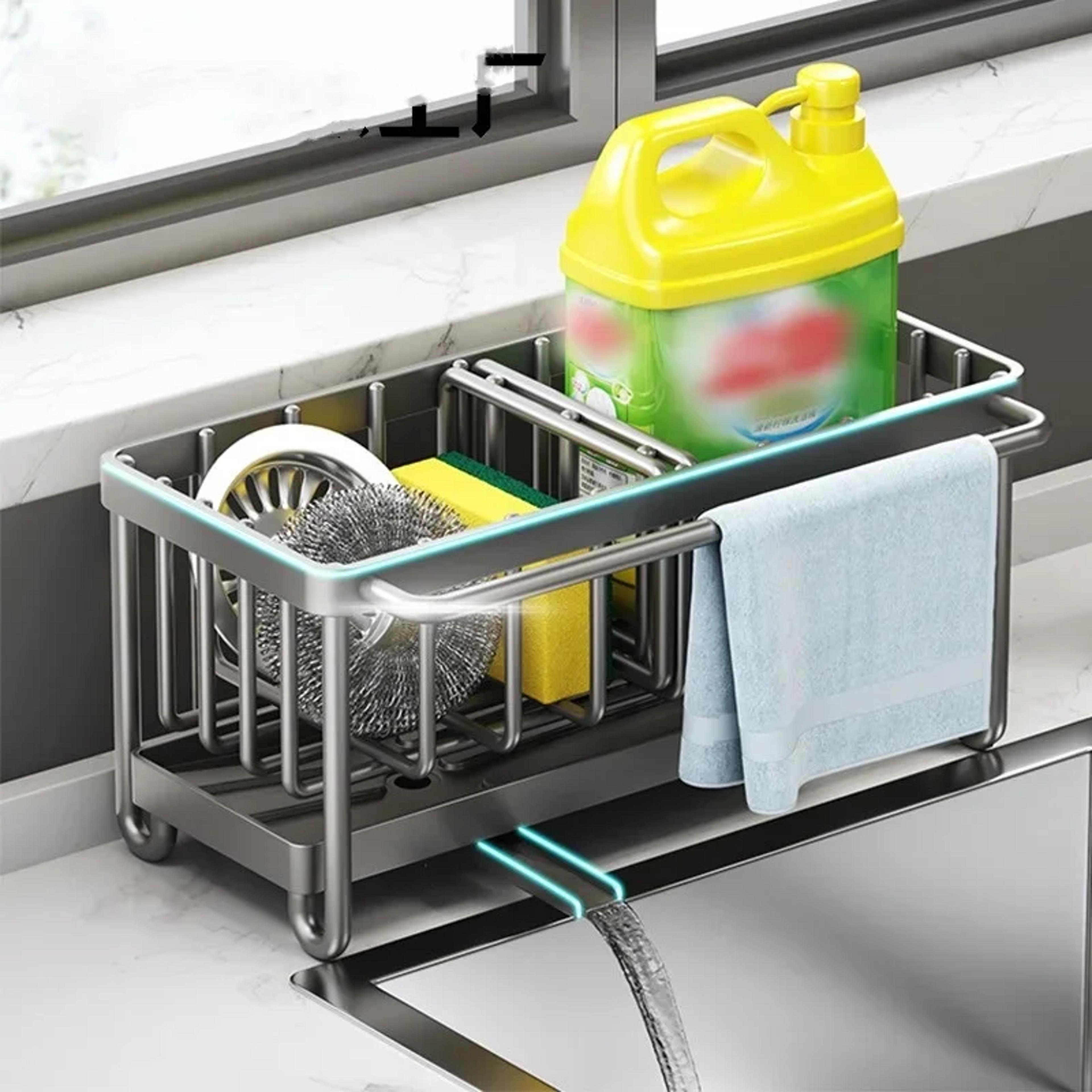 carbon steel sink sponge drain rack, multi-functional countertop faucet storage, soap rack dish towel basket