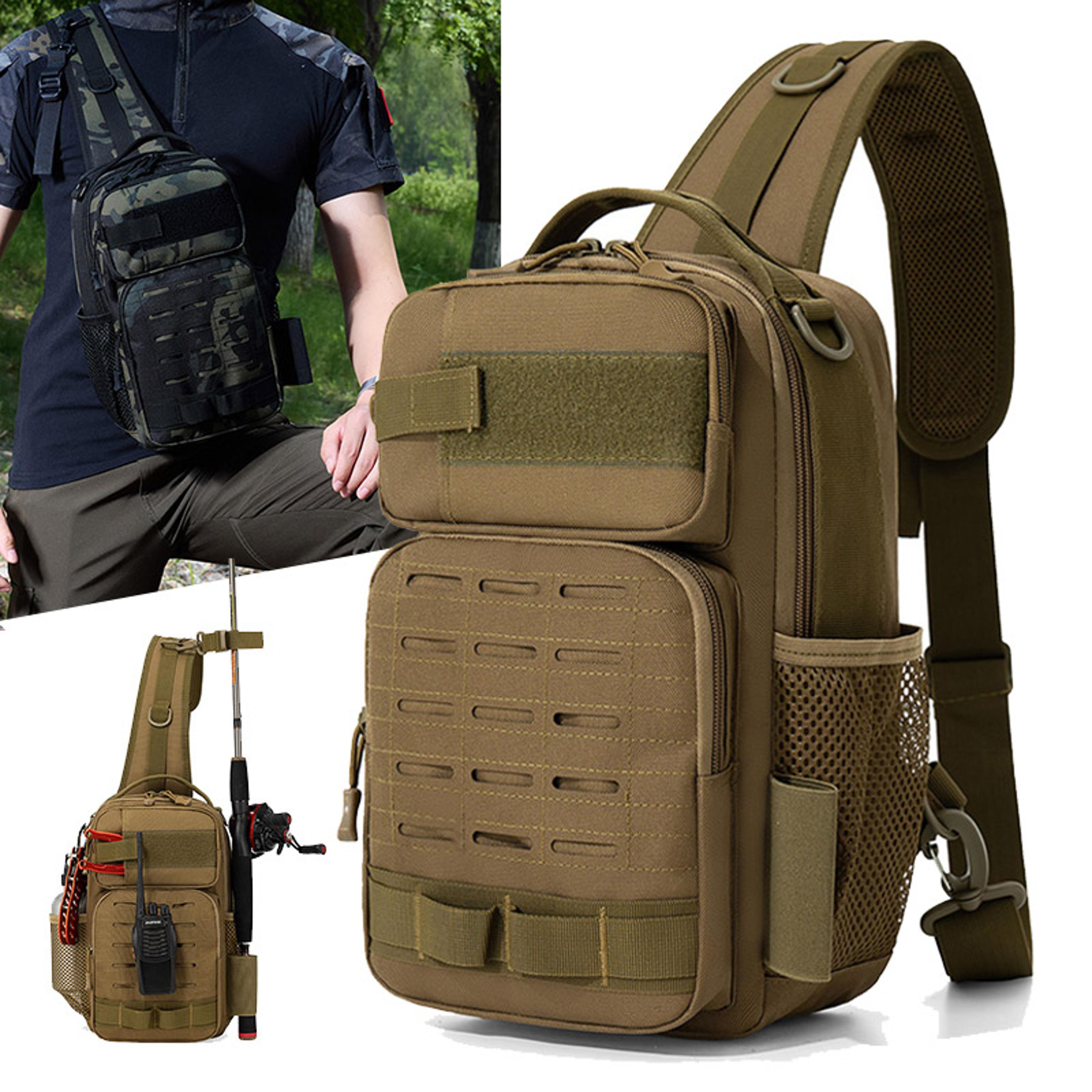 tactical climbing chest bag backpack, outdoor fishing camping hiking bag with rod holder, molle fanny pack for men