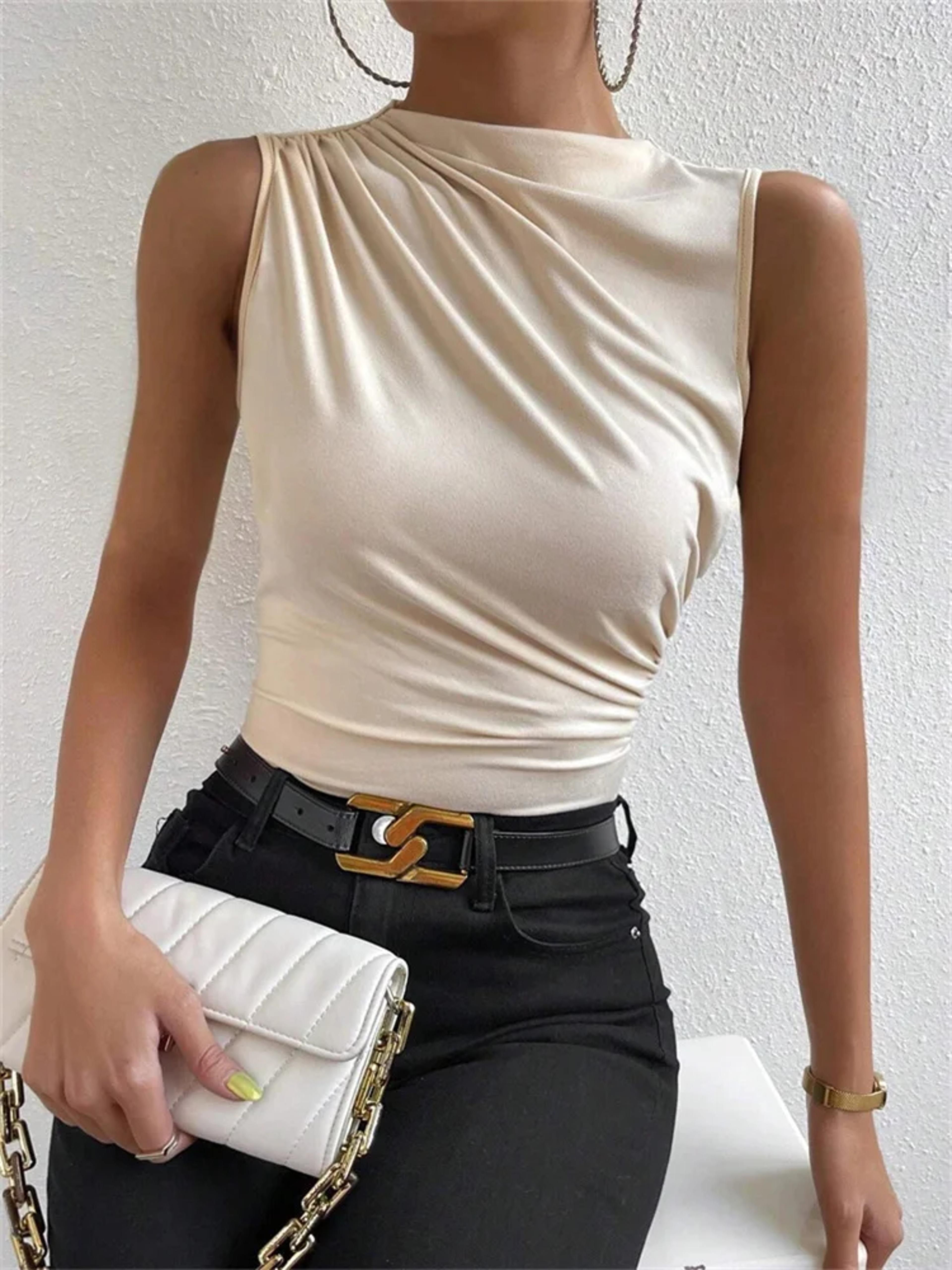 fashion casual mock neck ruched tank top for women, summer solid color pleated sleeveless tee shirt, stylish street