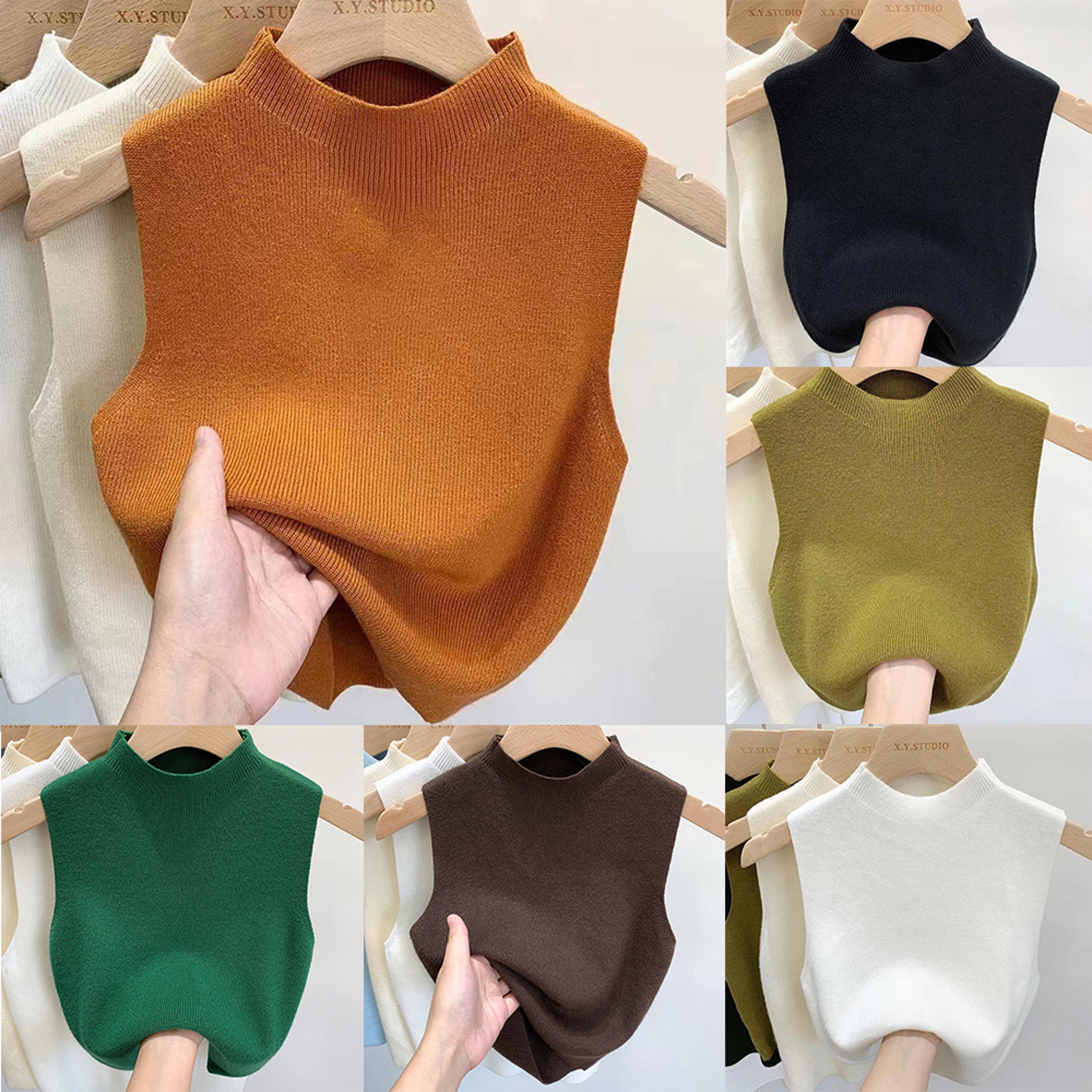 womens vest tank top, solid color knitted tees, cropped camisole sweater, half-turtleneck, sleeveless top for spring
