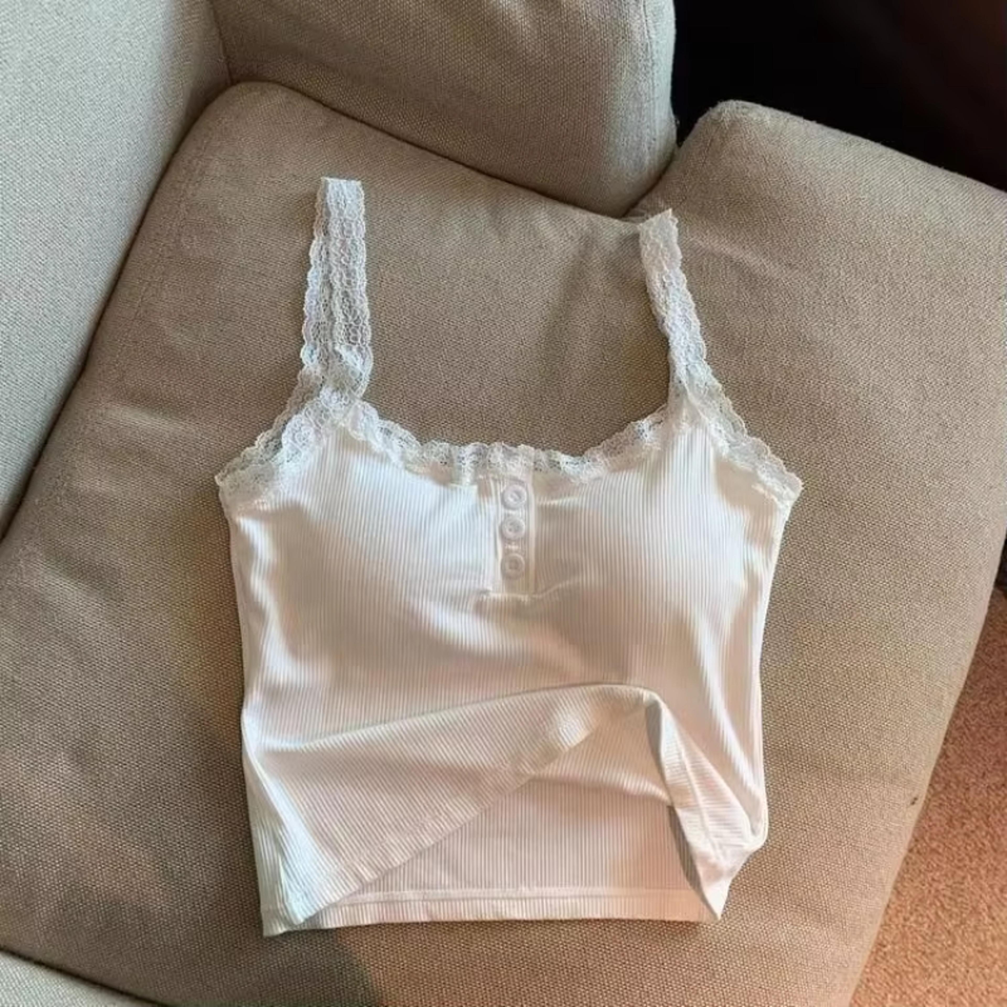 sexy white knit camisole lace tank top, women's sleeveless crop top, slim undershirt with chest pad, cute summer ves