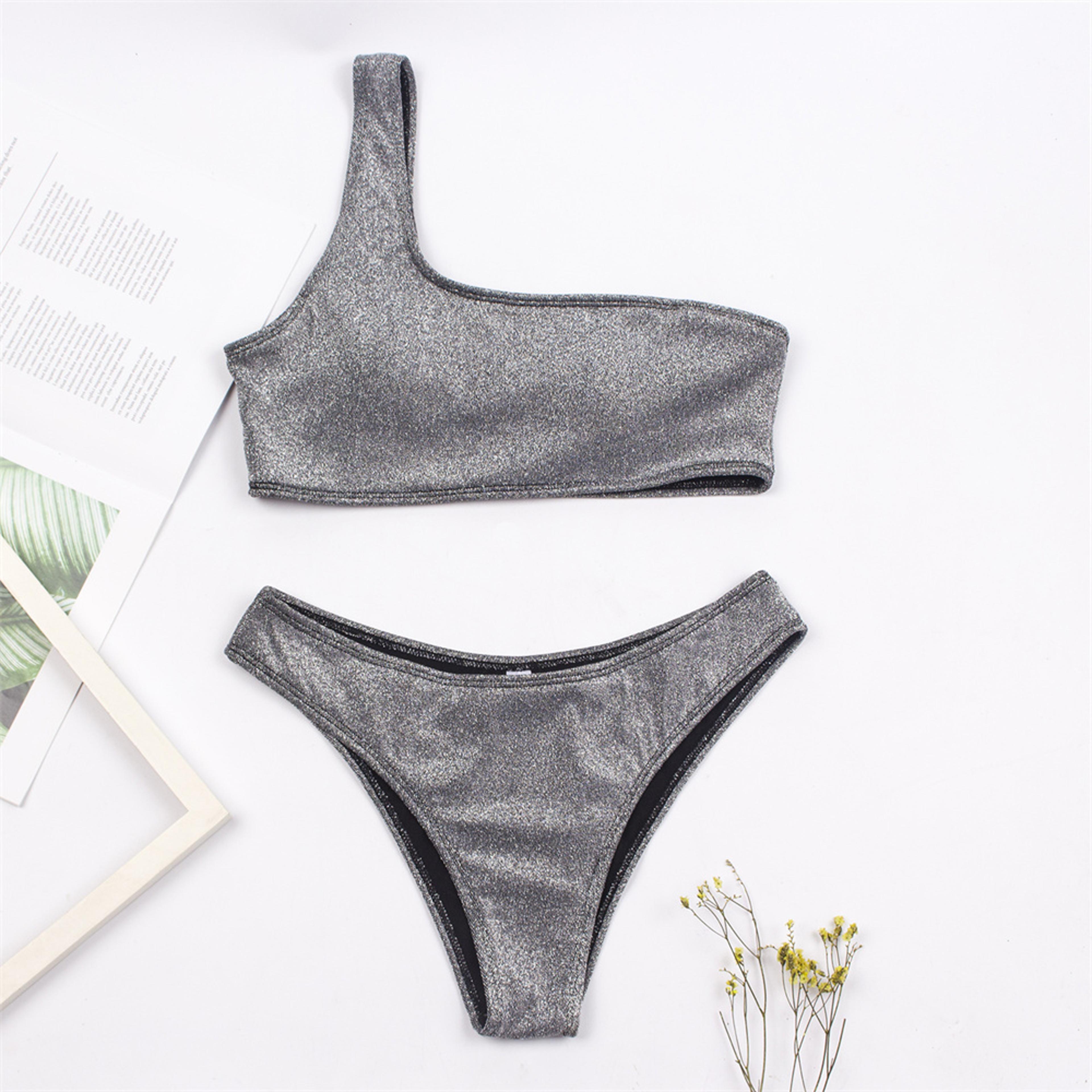 one shoulder women sexy bikini set, biquini ladies blingbling swimsuit, two piece glitter swimwear, solid color bathing