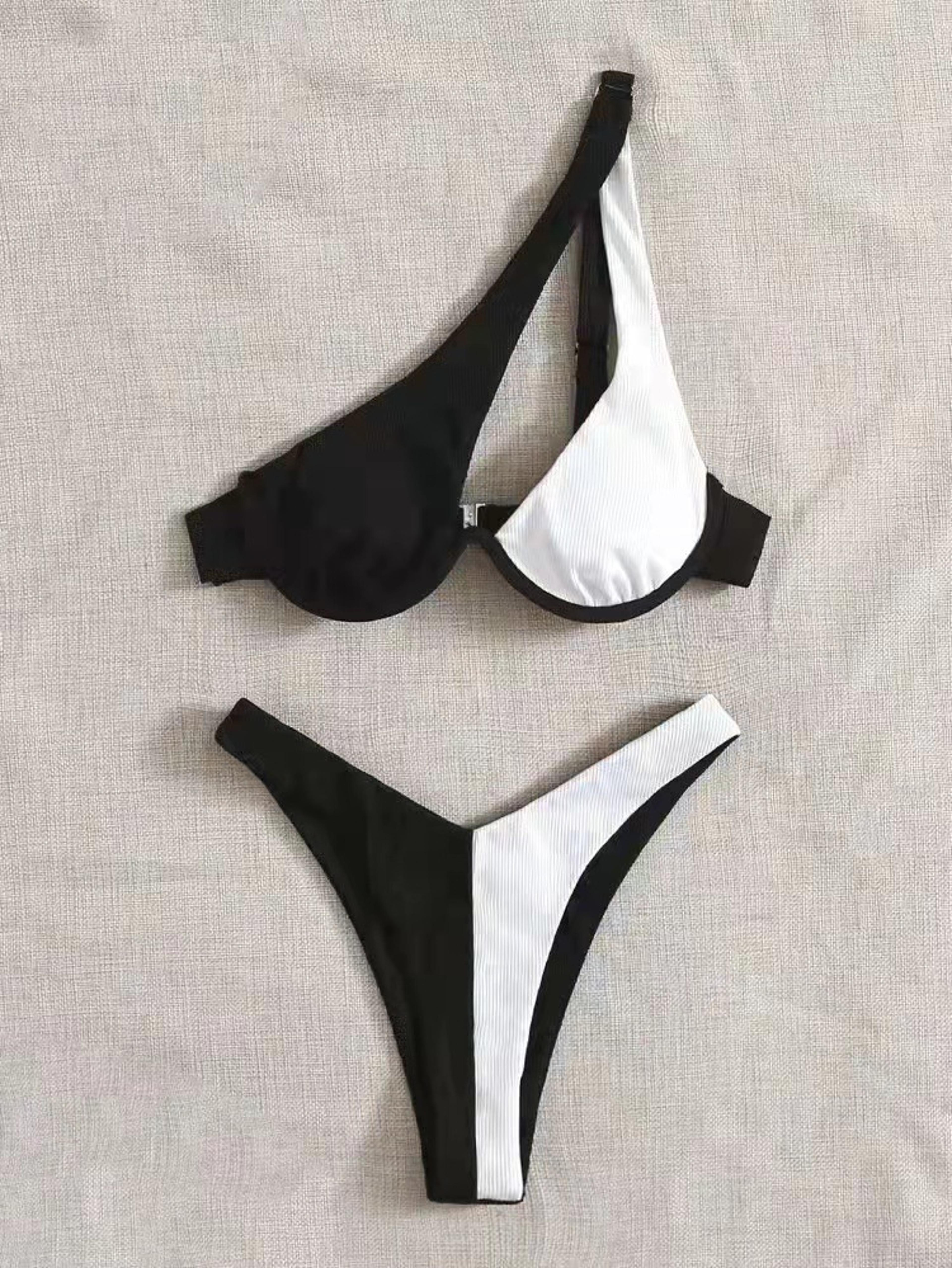 luxury two pieces bikini, solid patchwork swimwear, underwire push up, one shoulder cut out beachwear