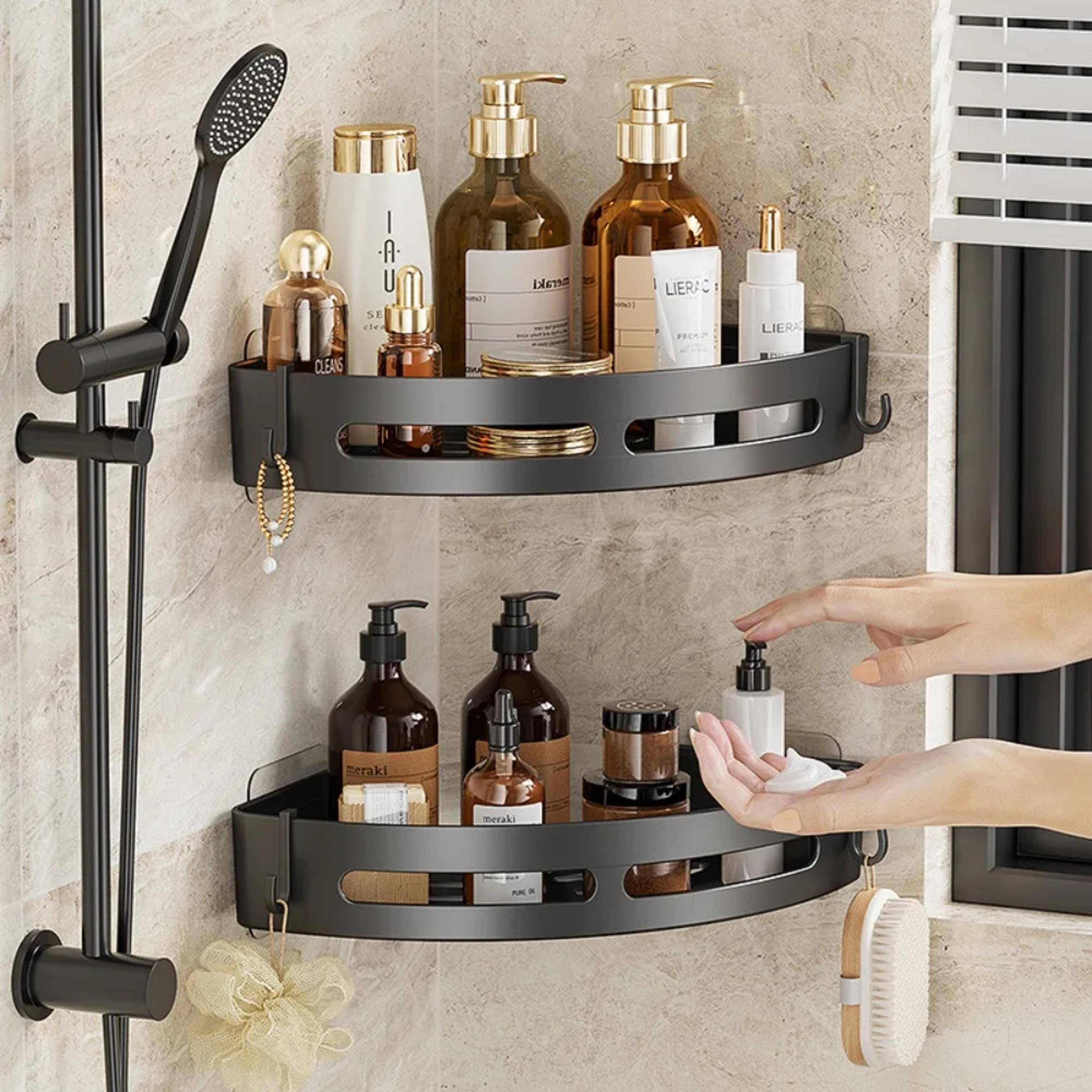 adhensive bathroom shampoo holder, no drill shower caddy shelves, corner towel holder storage shelves