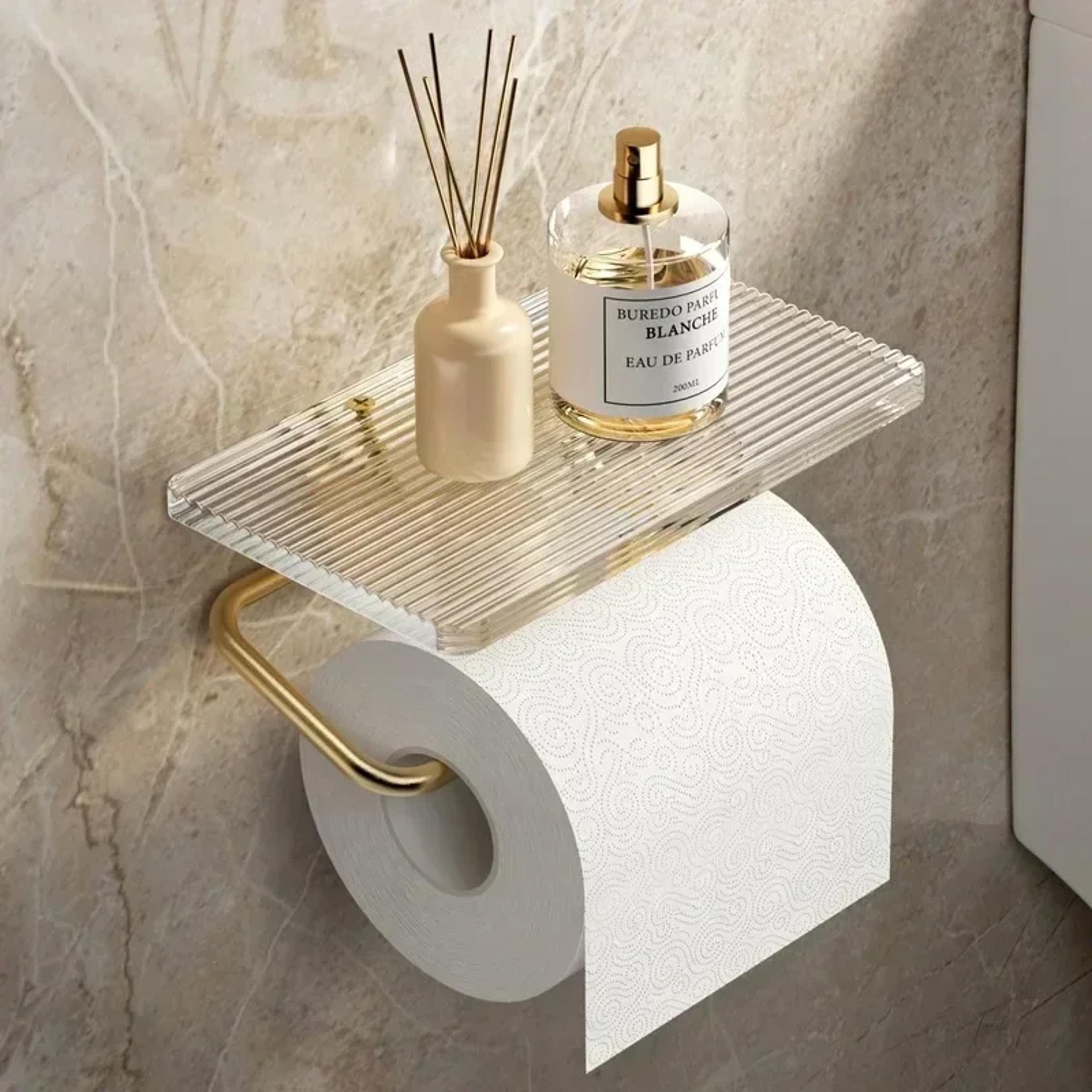 luxury gold toilet paper holder with shelf, no punching acrylic roll paper holder, bathroom tissue hanger accessories