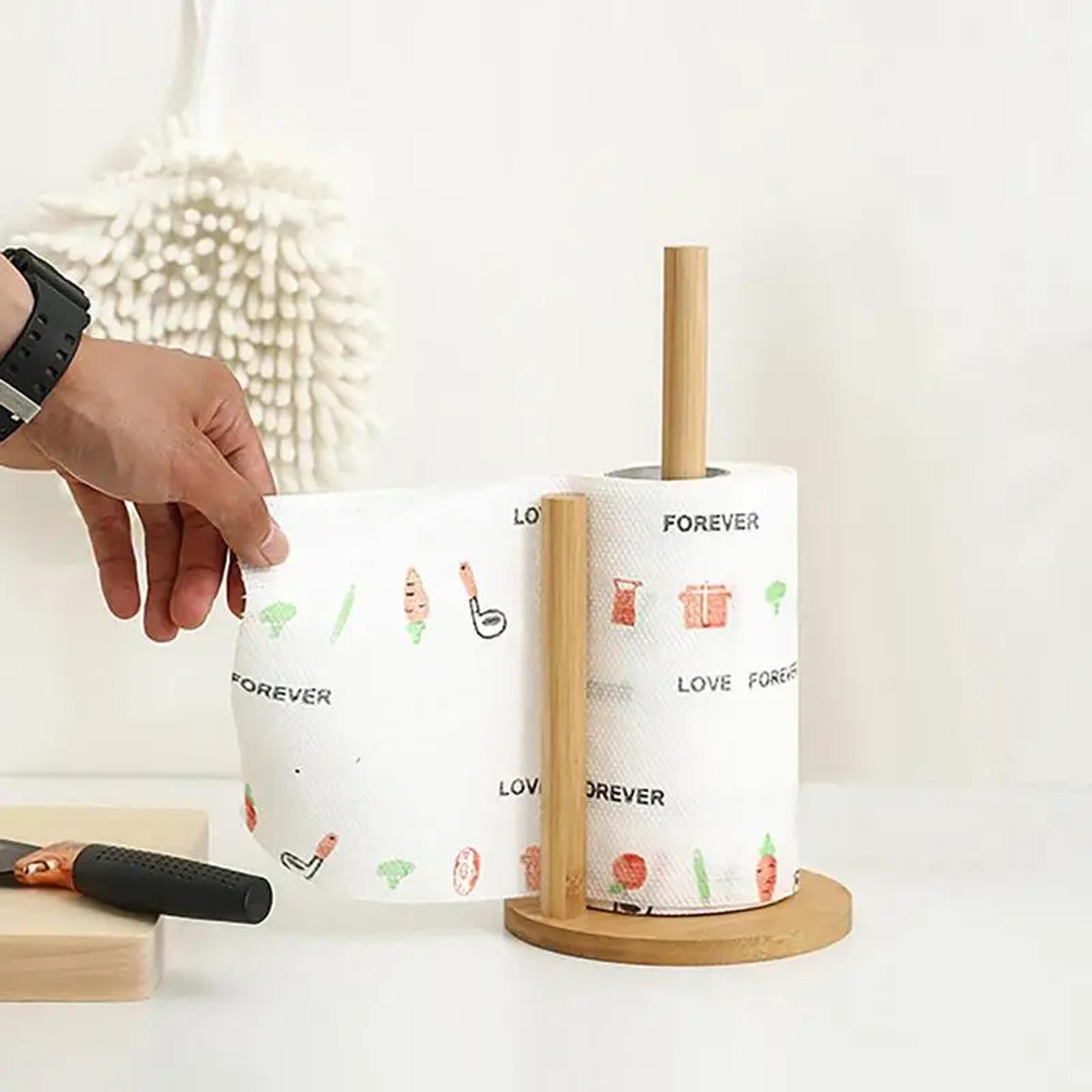 wood paper towel holder, durable anti-skid tissue vertical stand rack, hook for kitchens, bathrooms, living rooms