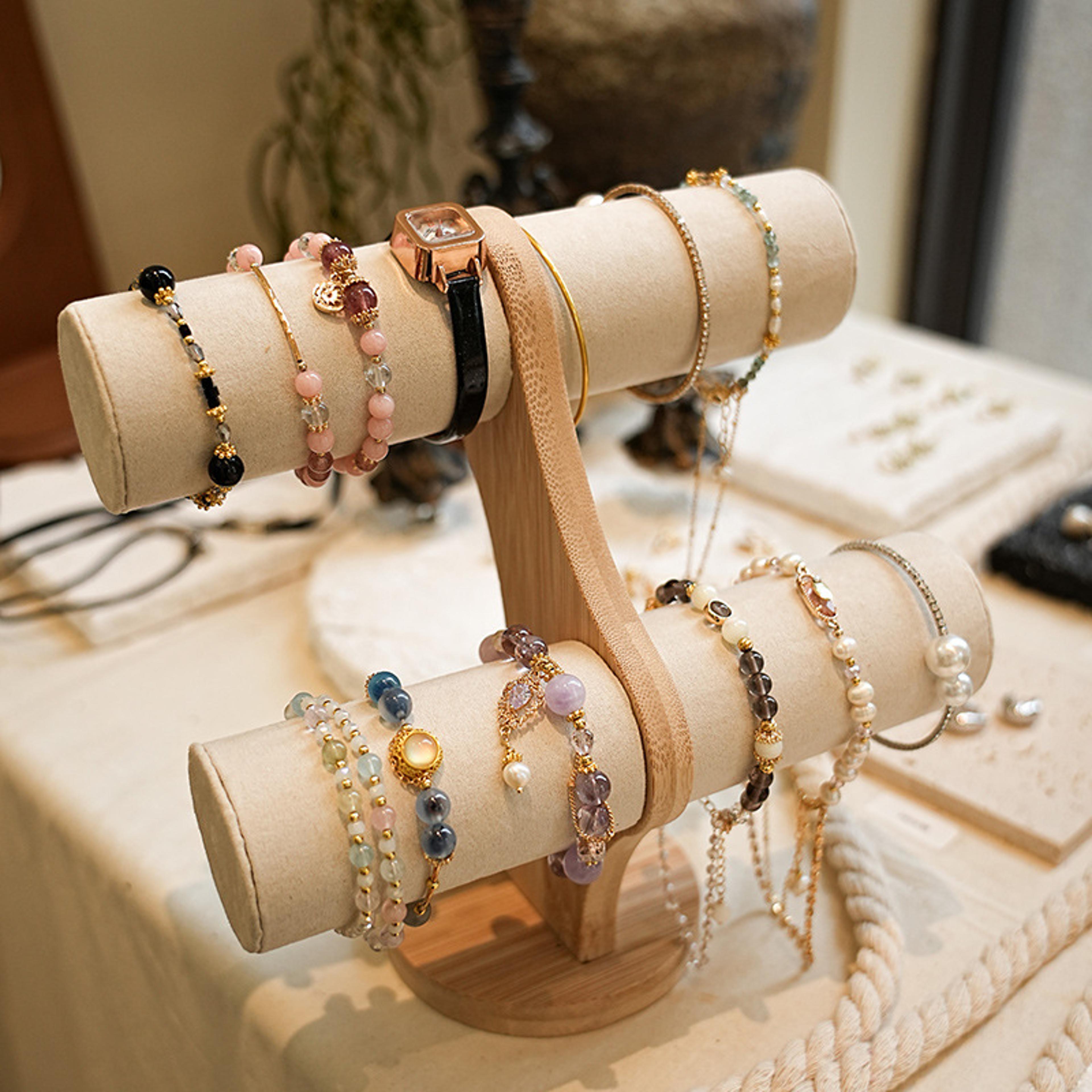double layer rack organizer, wood jewelry bracelet storage display, chain watch stand holder for women, easy assembly