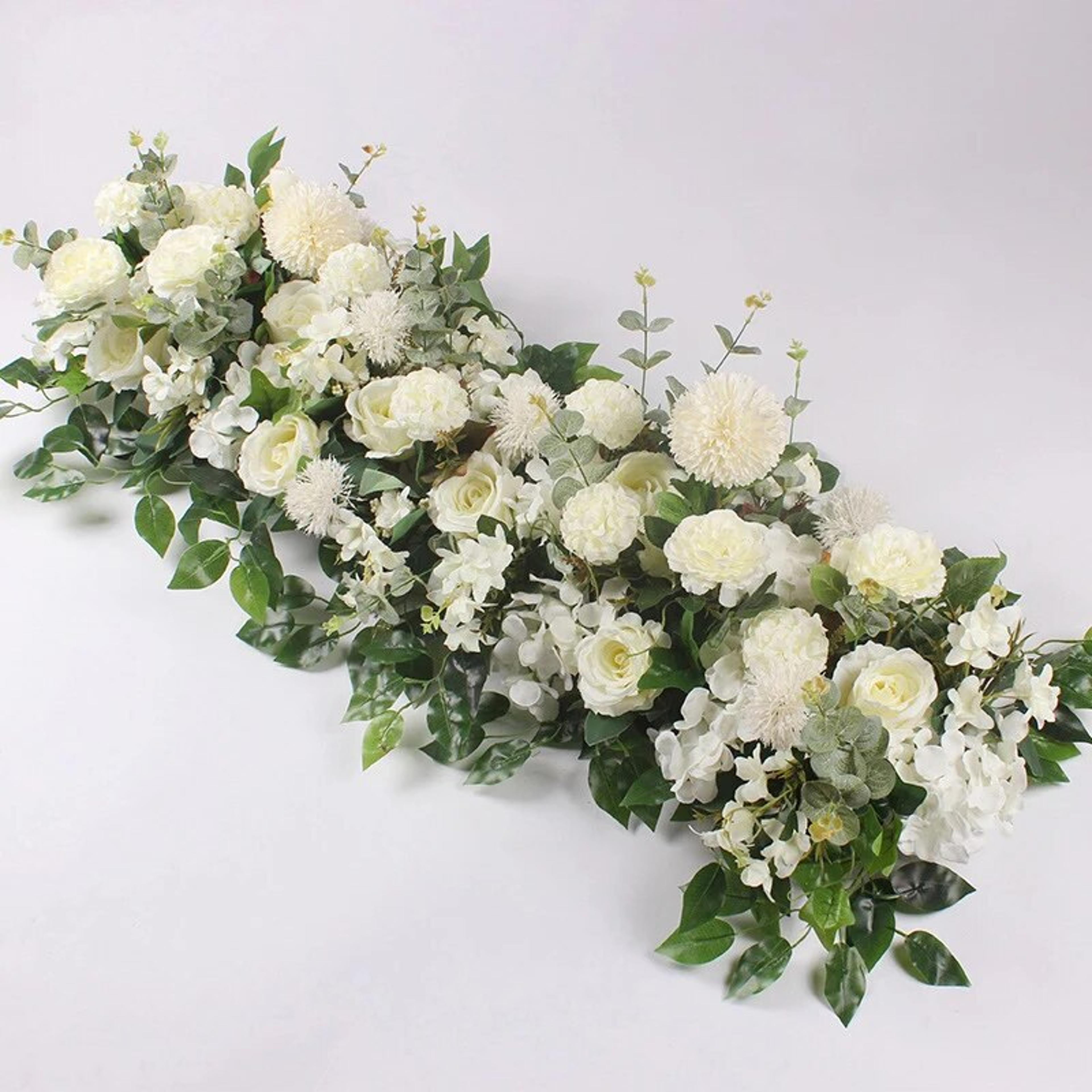 luxury white rose artificial flower row, wedding table centerpiece, backdrop wall arches, floral party stage decor