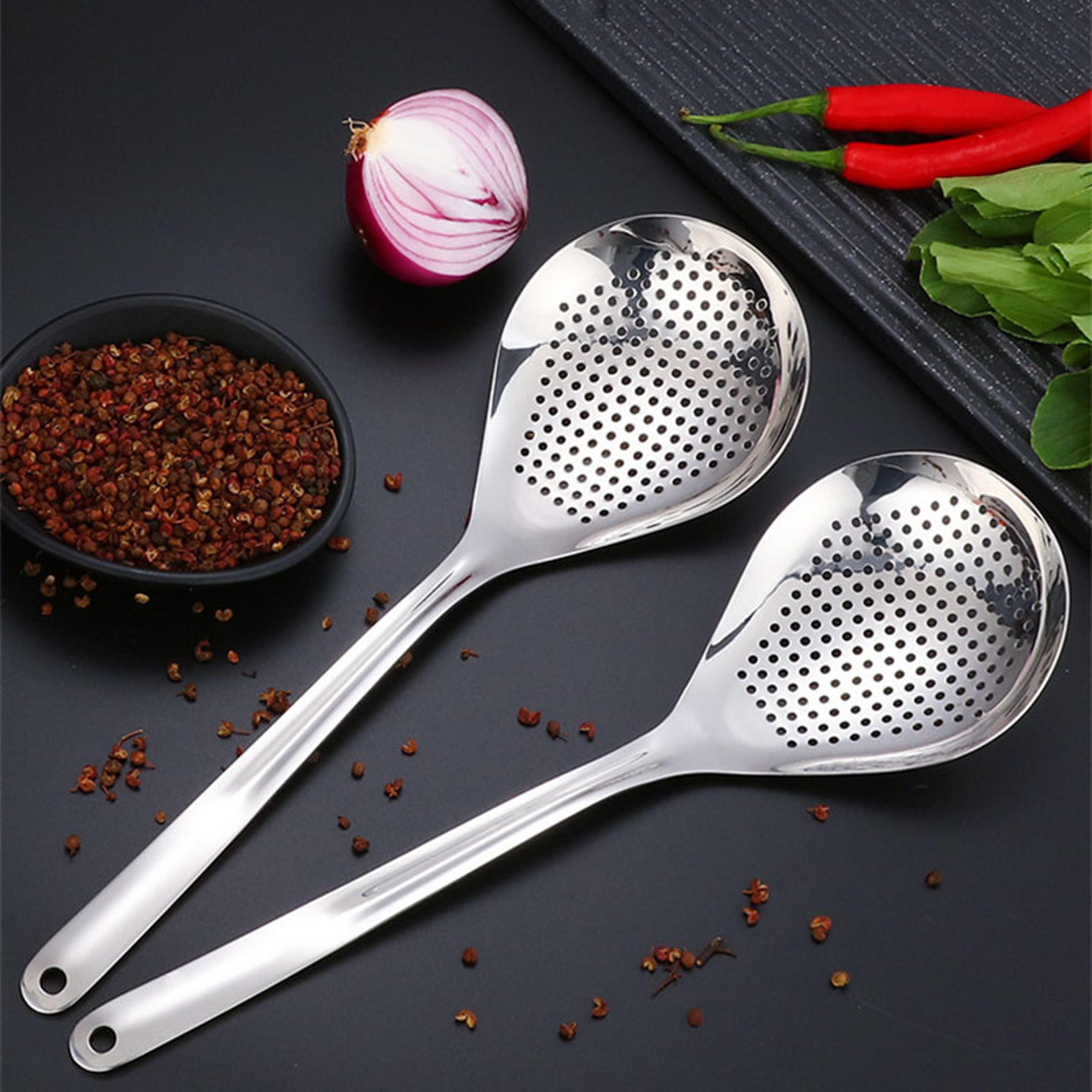stainless steel strainer spoon, skimmer slotted spoon, kitchen colander, spaghetti drain spoon, pepper strainer for food