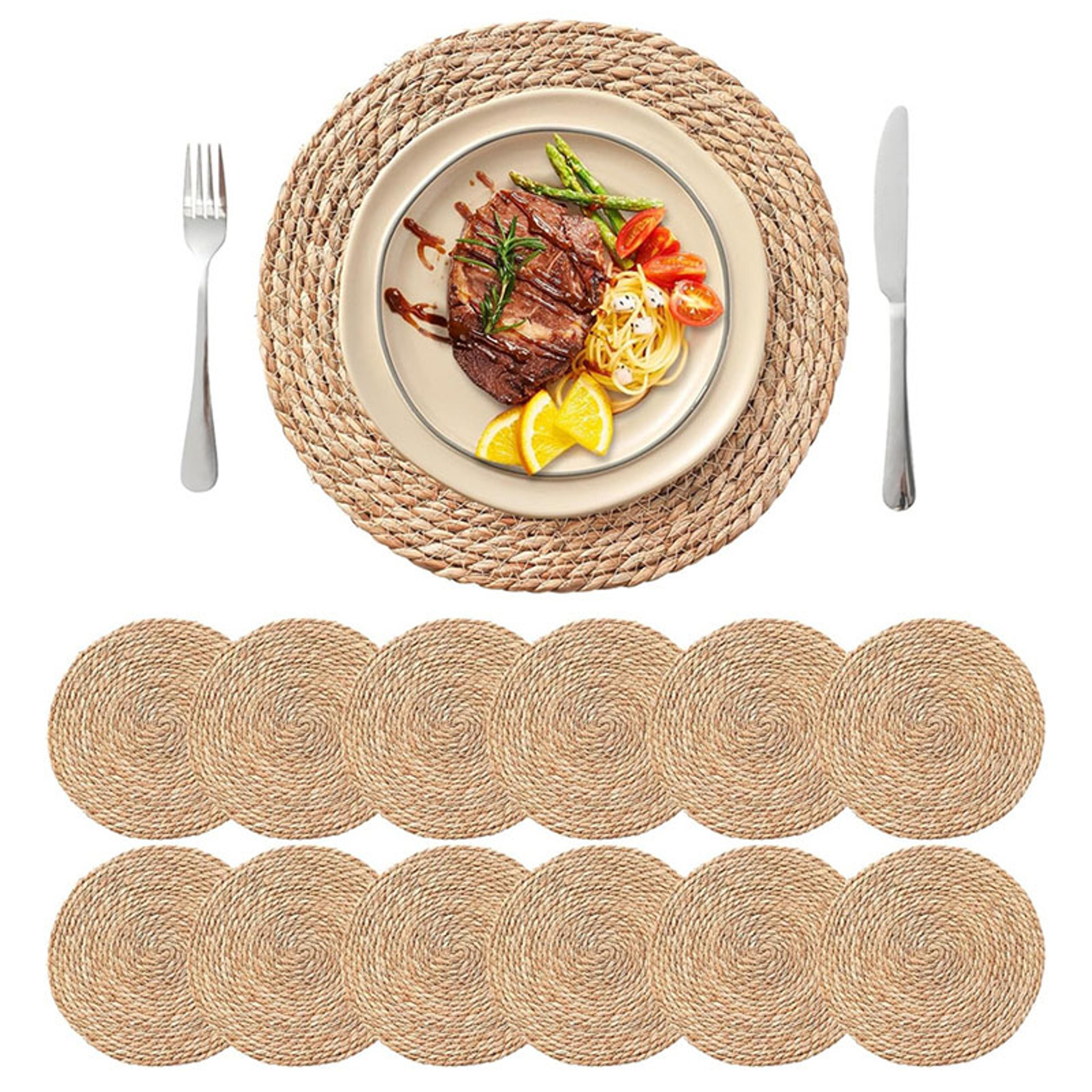round woven placemats set, boho rattan placemat, natural straw braided table mat, farmhouse weave dinner placemats