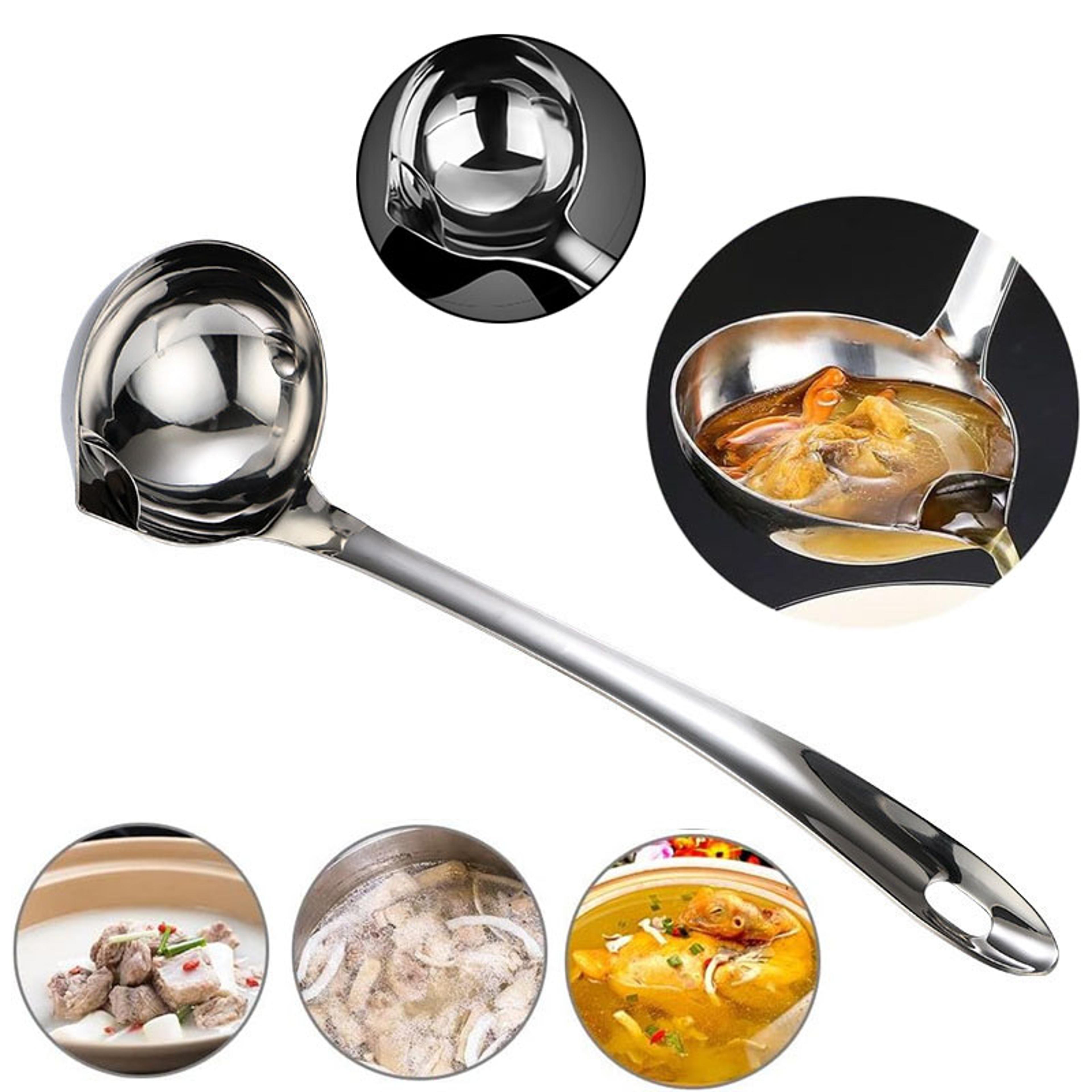stainless steel oil separator soup colander spoon, soup gravy oil fat separator, grease strainer spoon with spout