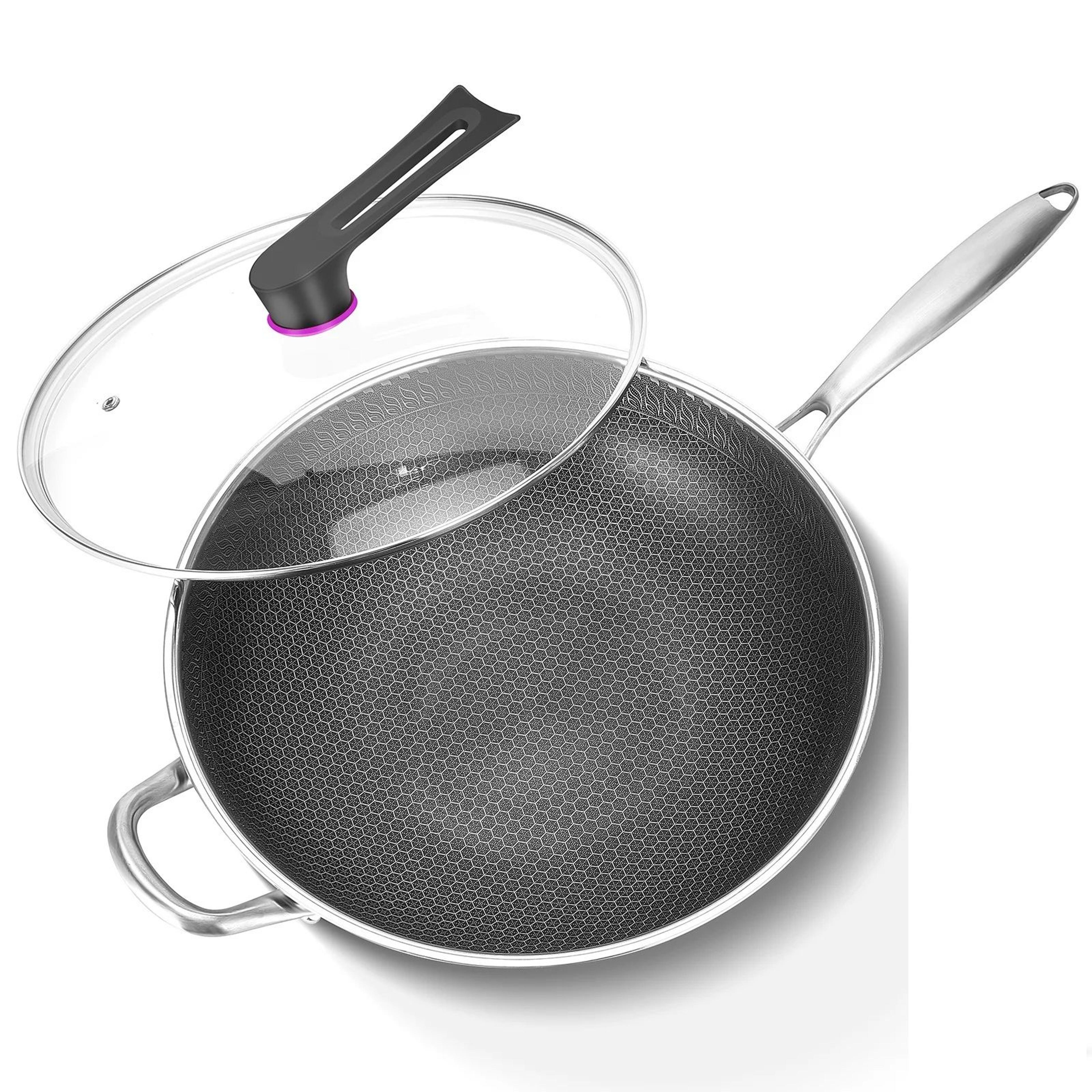 hybrid wok with lid, pfoa free non stick wok pan, stainless steel stir fry pan for cooking