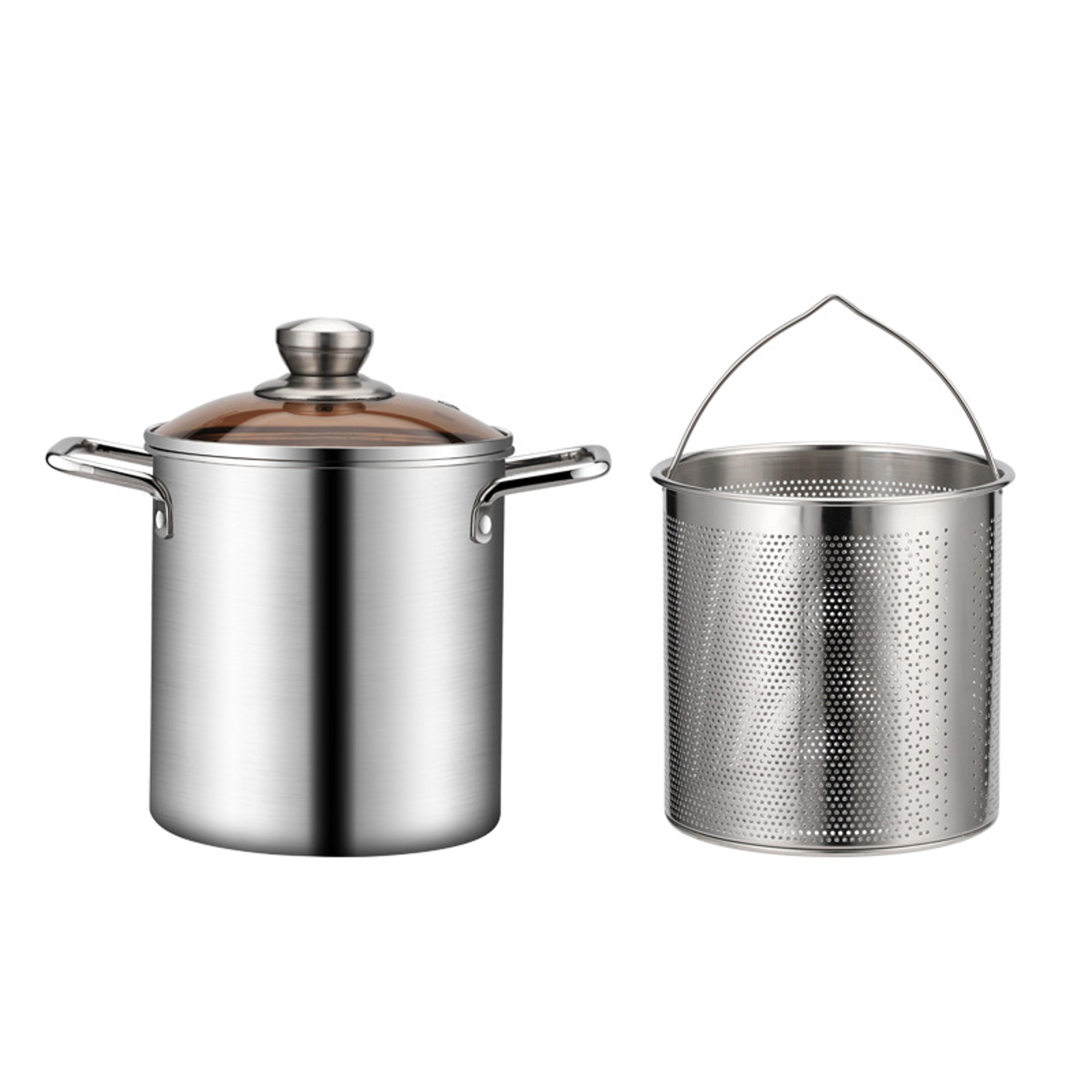 deep fryer pot, stainless steel frying pot with mesh steamer basket, tempura fryer pot with lid and tong