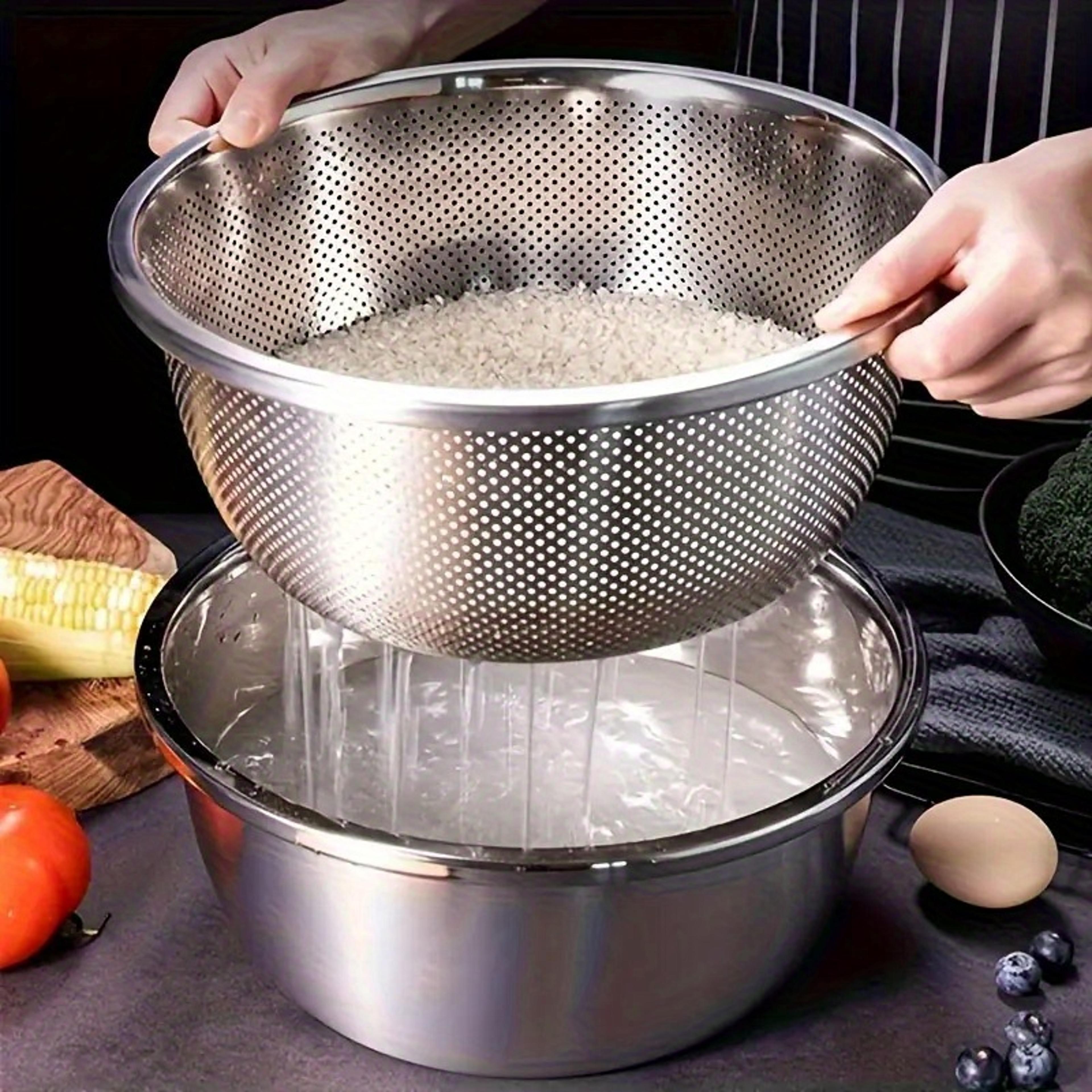 stainless steel rice washing bowl with drain holes, vegetable fruit strainer colander for kitchen sink daily