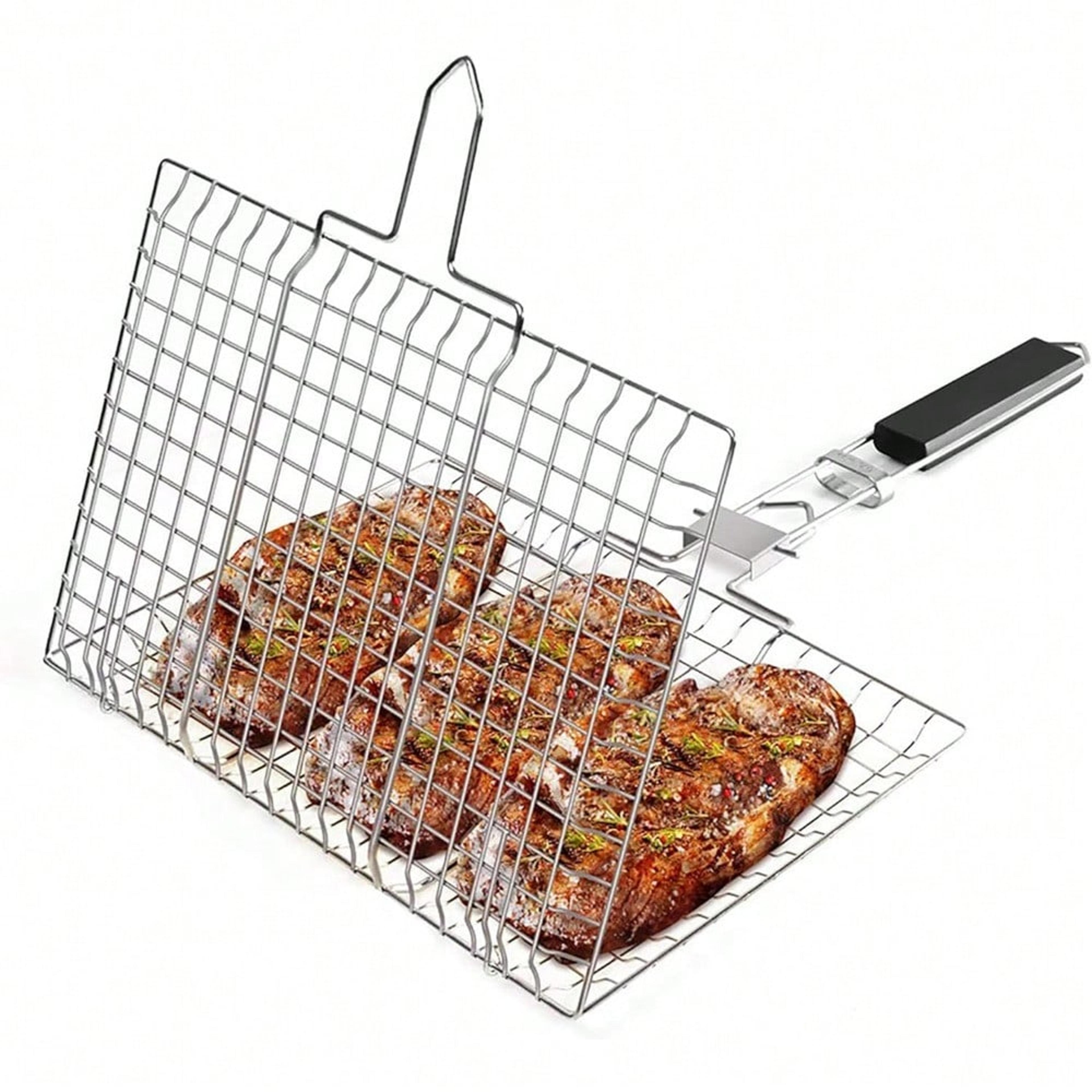 folding portable bbq rack, stainless steel grilling basket, outdoor camping griller with removable handle
