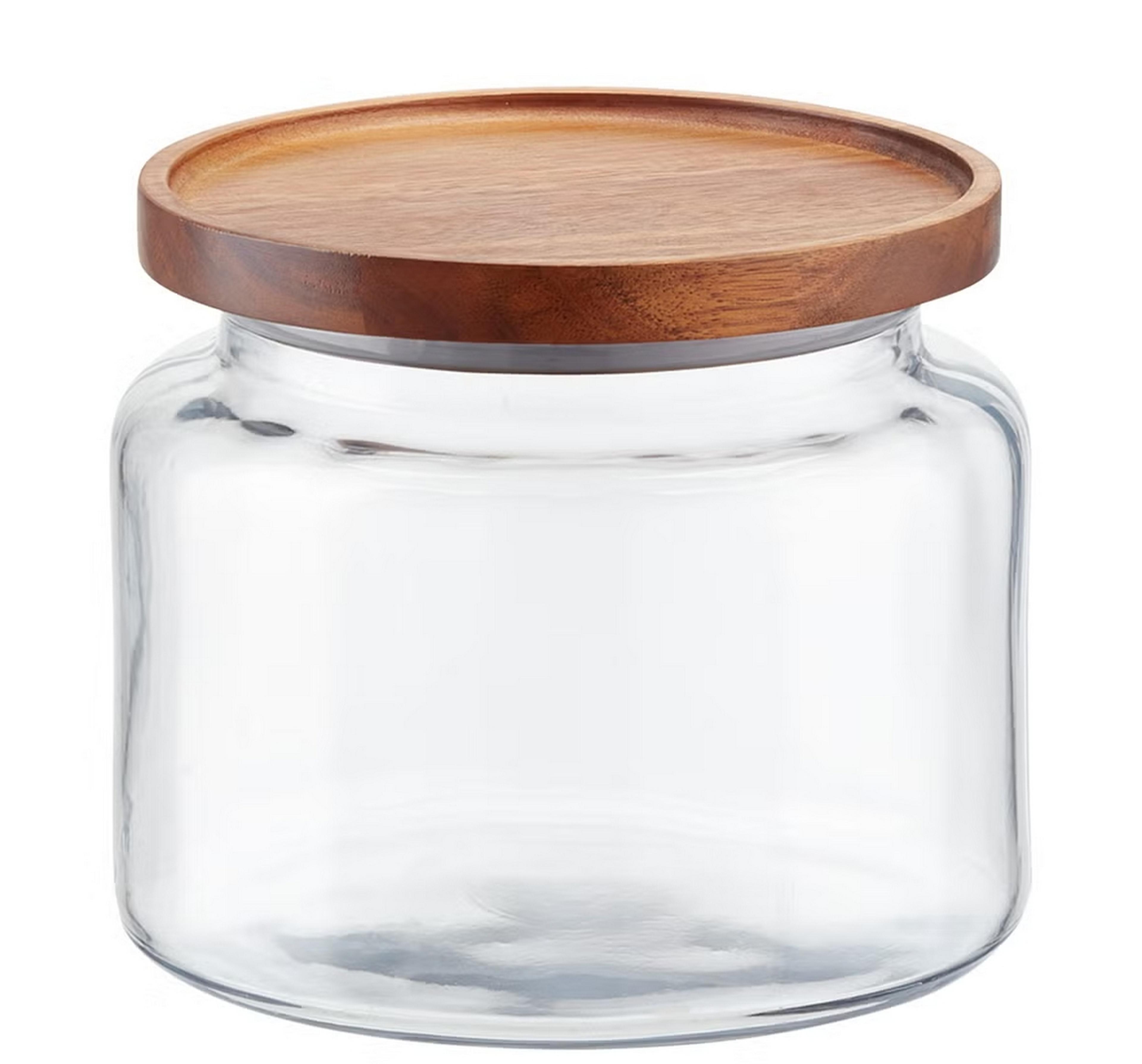 montana glass canisters with acacia wood lids, airtight storage for flour, sugar, coffee, tea, dishwasher safe, natural